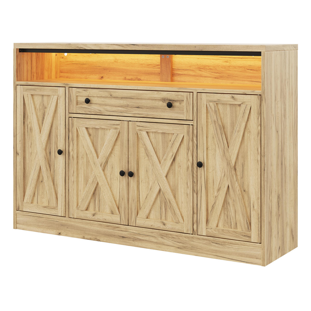 KÜCHENSCHRANK Sideboard Natur mit RGB-LED 4 Scheunentüren & Türablagen - Naturfarben, Holzwerkstoff (140/95/35cm) - Urban Meuble