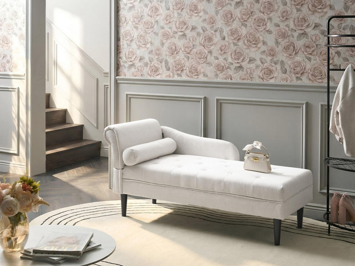 ČALOUNĚNÉ LEHÁTKO CHAISE LONGUE LEVOSTRANNÉ Látka Krémově bílé Yvoire - bílá/černá, textil (68/72/151cm) - Beliani
