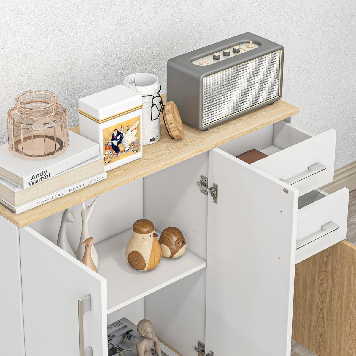 SIDEBOARD Weiß und Naturfarben 90/30/75,5 cm - Weiß, Holzwerkstoff (90/75.5/30cm) - PANGIVO