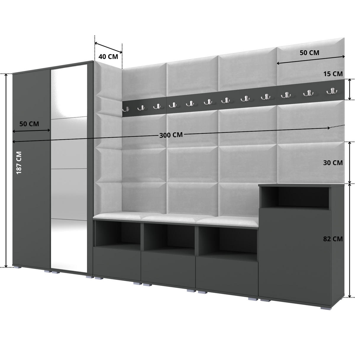 GARDEROBE NELA XII 300 cm (Modulare Flurmöbel Graphit mit Spiegel & Sitzpolster Hellgrau 32 Gigantisches Set) - Silberfarben/Hellgrau, Holz/Holzwerkstoff (300/187/40cm) - Ravio