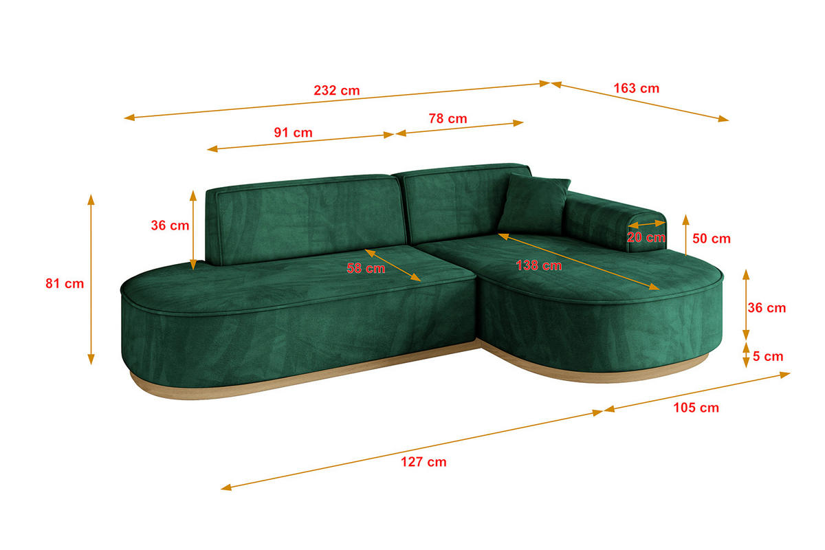ECKSOFA Ottomane Rechts MARI-L1-v2 - 243x171x83 cm Grün Velours - Grün, Holzwerkstoff/Textil (171/243cm) - ALTDECOR
