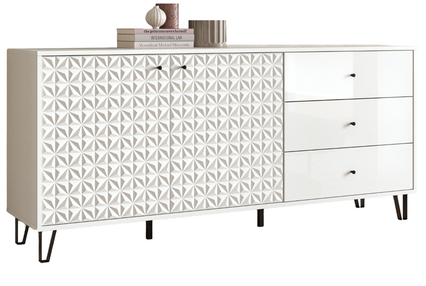 SIDEBOARD weiß Hochglanz 169 x 76 cm, Kommode mit 3D-Struktur - Weiß Hochglanz/Schwarz, Holzwerkstoff/Kunststoff (169/76/40cm) - Inn.Furn