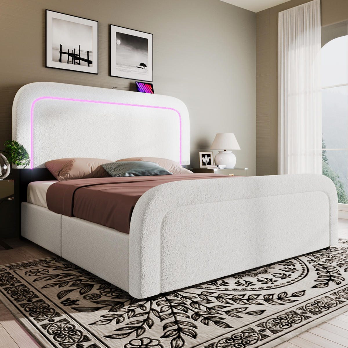 BETT mit LED, USB und 4 Schubladen 160x200 cm Sherpa Weiß - Weiß, Metall (160/200cm) - Meubliv
