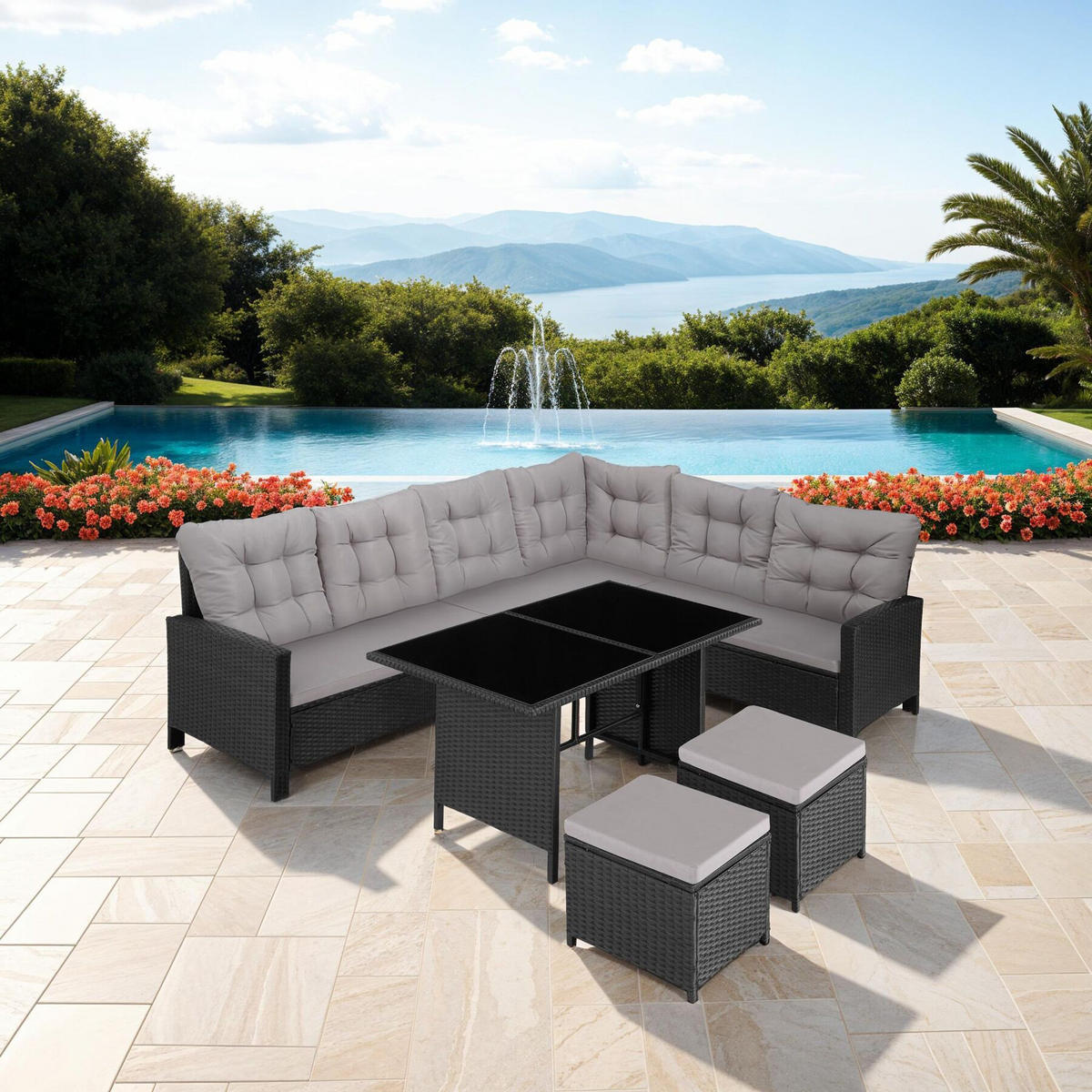 RATTANLOUNGE Barletta,mit Sicherheitsglasplatten,schwarz - Schwarz, Kunststoff - tectake