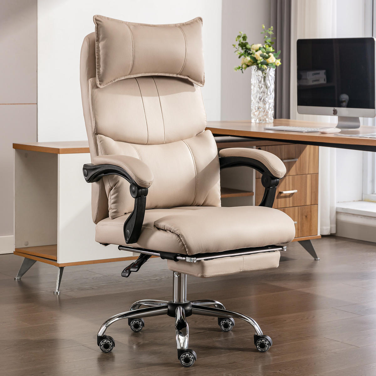 DREHSTUHL, höhenverstellbar 10 cm, PU-Leder, ergonomische Lendenstütze, 65/48/120 cm, Beige - Beige, Kunststoff (48/120/65cm) - Redom