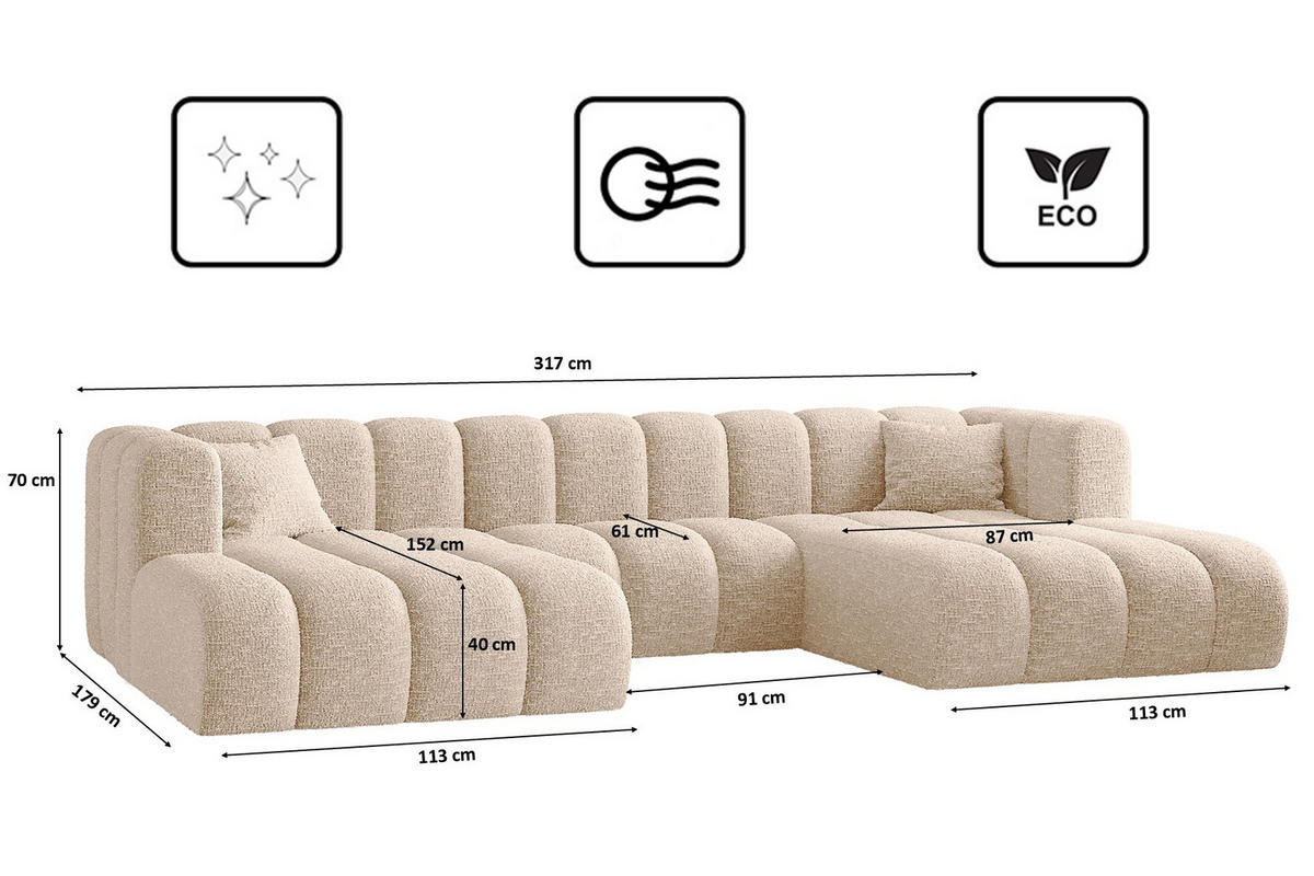ECKSOFA U-form Grand modular stoff Haga Ecru - Ecru, Holz (317/179cm) - Kaiser Möbel