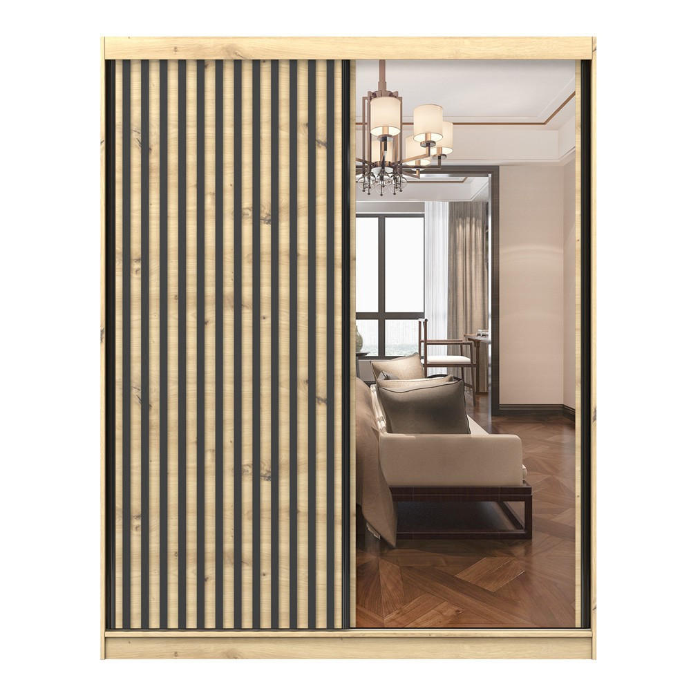 SCHWEBETÜRENSCHRANK Werona 2D mit Spiegel Artisan Eiche 183 cm - Schwarz/Eiche Artisan, Holzwerkstoff/Metall (183/218/61cm) - imoebel24