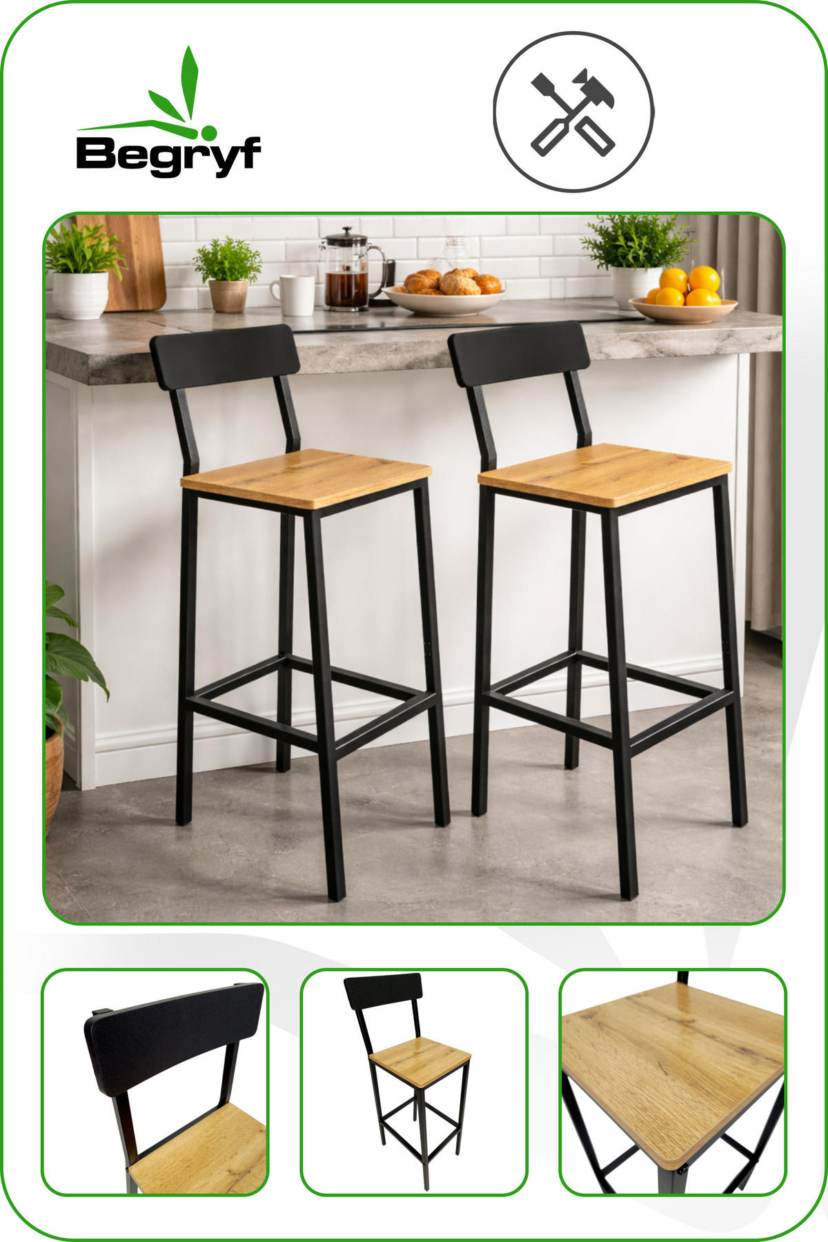 BARHOCKER Holzoptik Metall Eichefarben Schwarz 2-Er Set 90×40×29,5 cm - Eichefarben/Schwarz, Holzwerkstoff/Metall (30/90/40cm) - Begryf