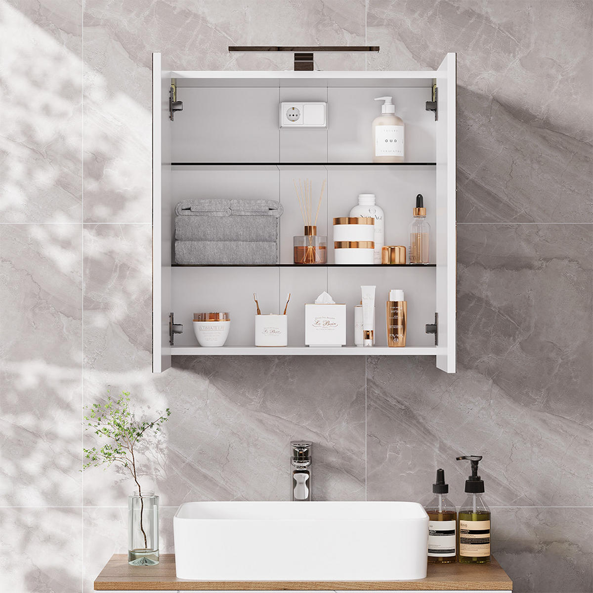 KÚPEĽŇOVÁ SKRINKA SO ZRKADLOM Lavio biely - biela, kompozitné drevo (60/60/20cm) - Vicco