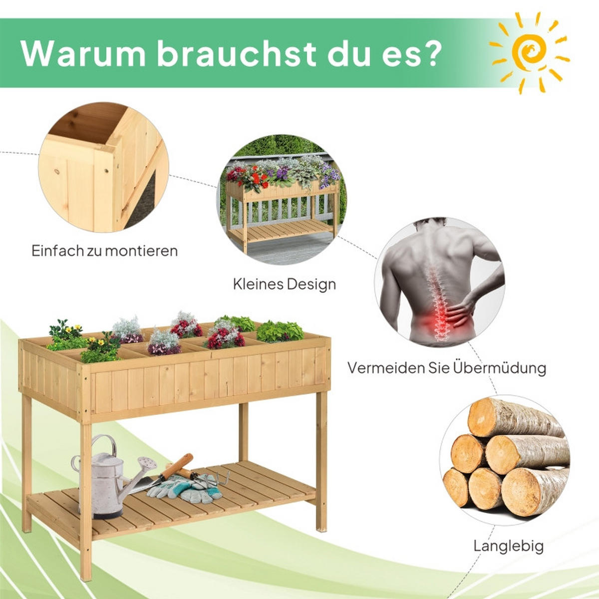 HOCHBEET 110/46/76 cm Naturholz mit 8 Fächer mit Abfluss Ablage - Naturfarben, Holz/Metall (46/76/110cm) - Oxeza