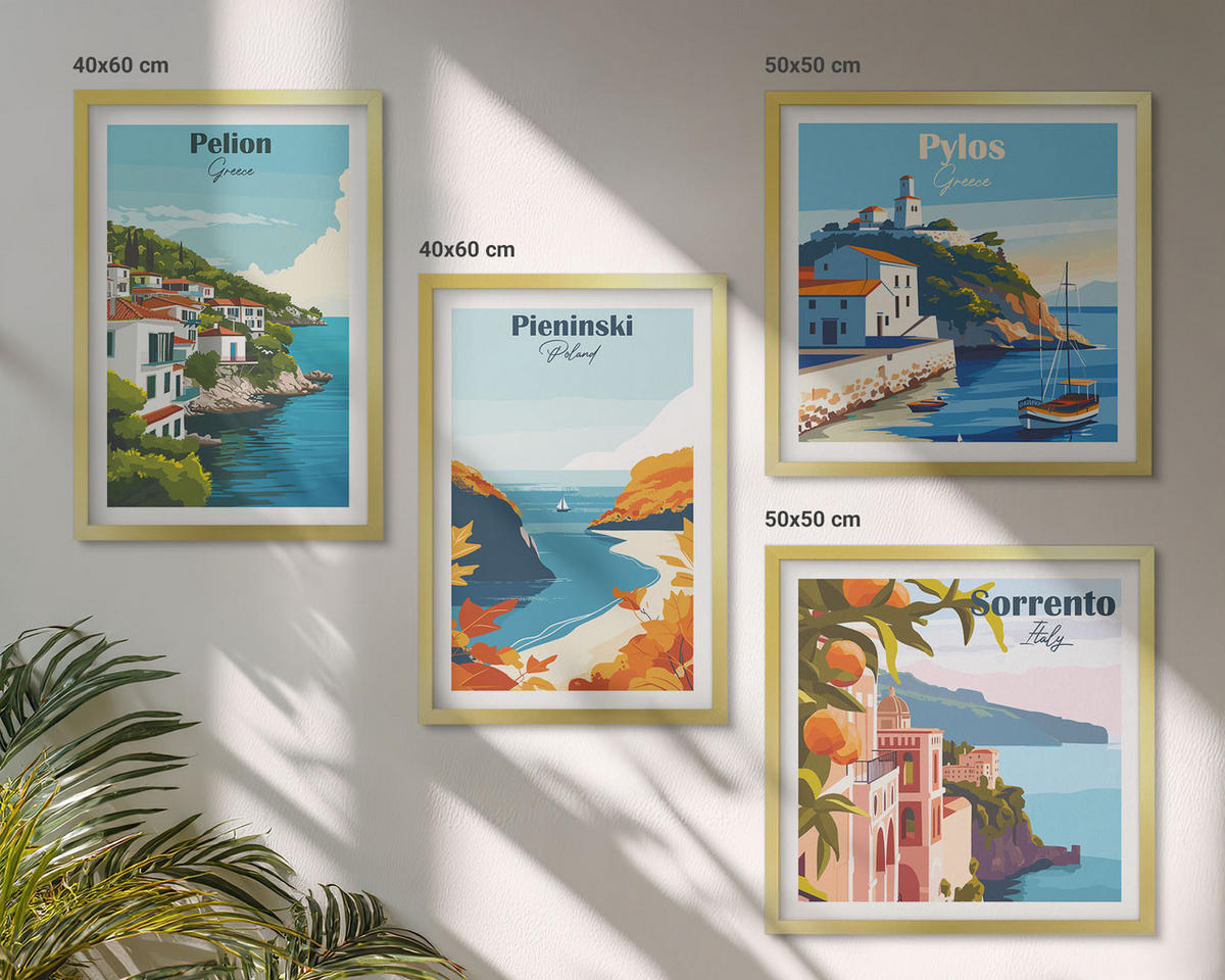 WANDBILDER 4er Set - 50x50 cm & 40x60 cm Goldrahmen - Retro-Landschaften im malerischen Stil - Goldfarben, Kunststoff (50/50cm) - ArtPrintCave