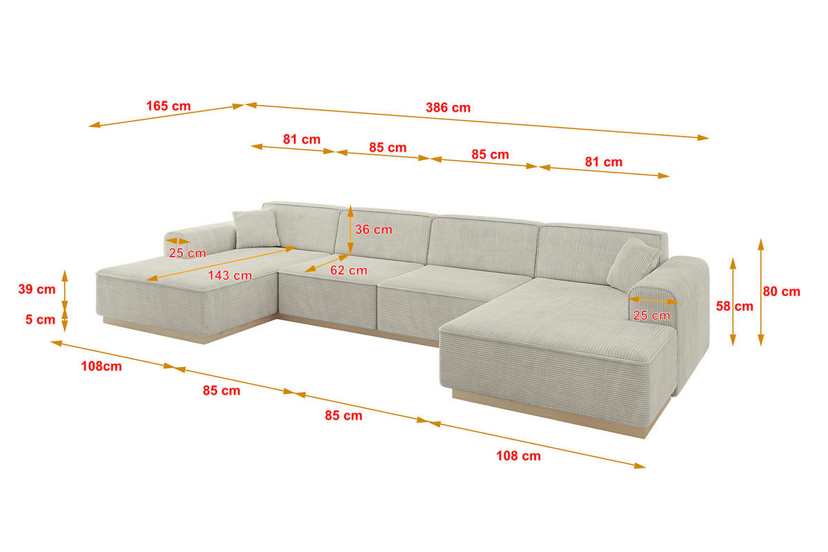 WOHNLANDSCHAFT IREA-U2 - 386x165x80 cm Hellgrau - Ecru/Greige, Holzwerkstoff/Textil (386/80/165cm) - ALTDECOR