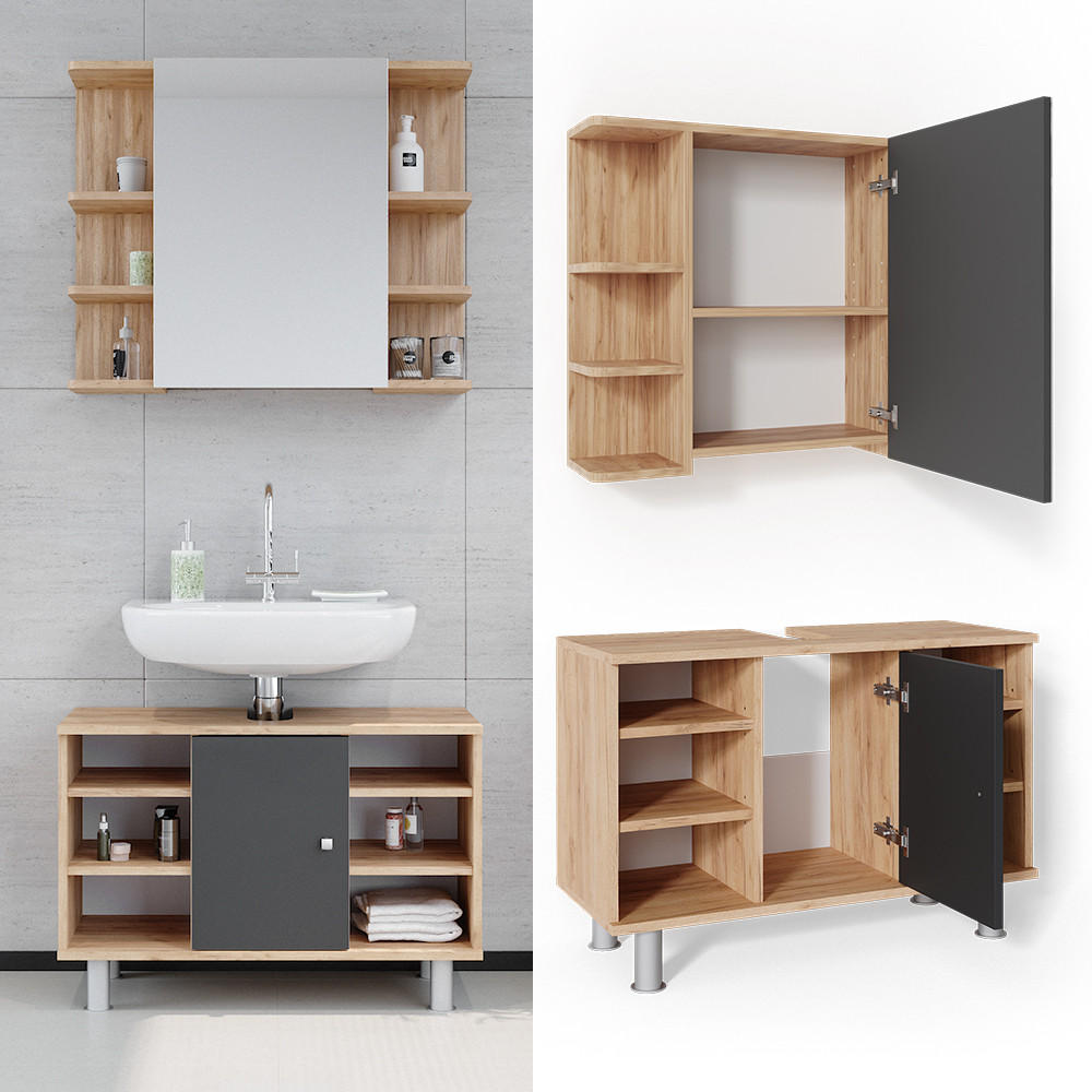 BADMÖBEL-SET Fynn Goldkraft Eiche 2 Teile, Unterschrank 80 cm - Anthrazit/Eiche Wotan, Holzwerkstoff (60/54/32cm) - Vicco