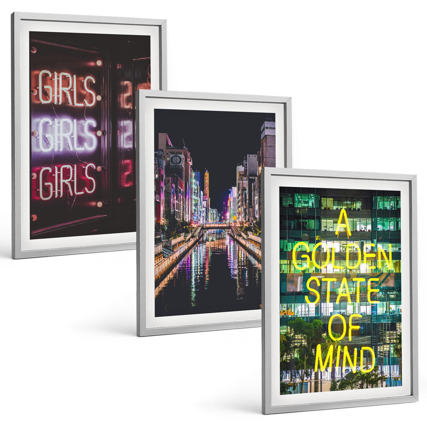 BILDER SET 3er Set - 40x60 cm Silberner Rahmen - Neonlichter am Fluss bei Nacht - Silberfarben, Kunststoff (40/60cm) - TULUP