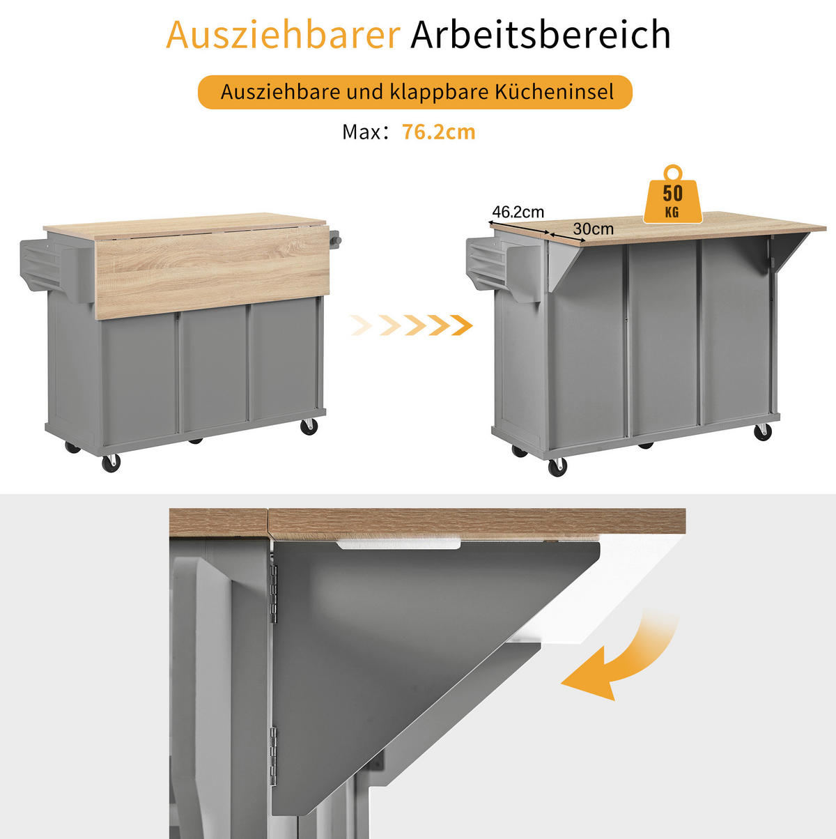 KÜCHENINSEL 112/46,2-76,2/92,7 cm naturgrau mit ausziehbarer Klapparbeitsplatte - Grau, Holzwerkstoff (112/92.7/76.2cm) - OKWISH