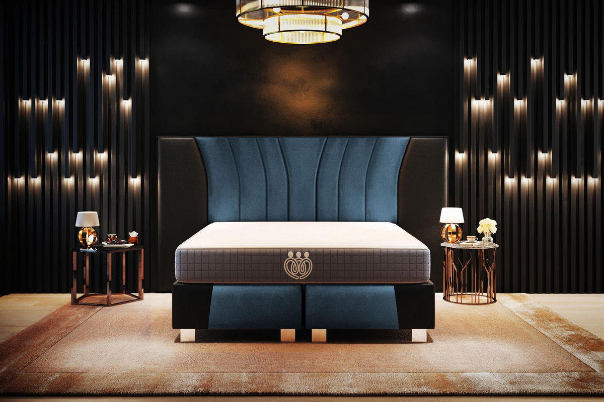 BOXSPRINGBETT IMPERIAL 140x200 cm, Aus Leder und Velvet Bezug, Schwarz Leder + Meerblau Velvet - Dunkelblau, Leder/Holz (140/200cm) - Trada