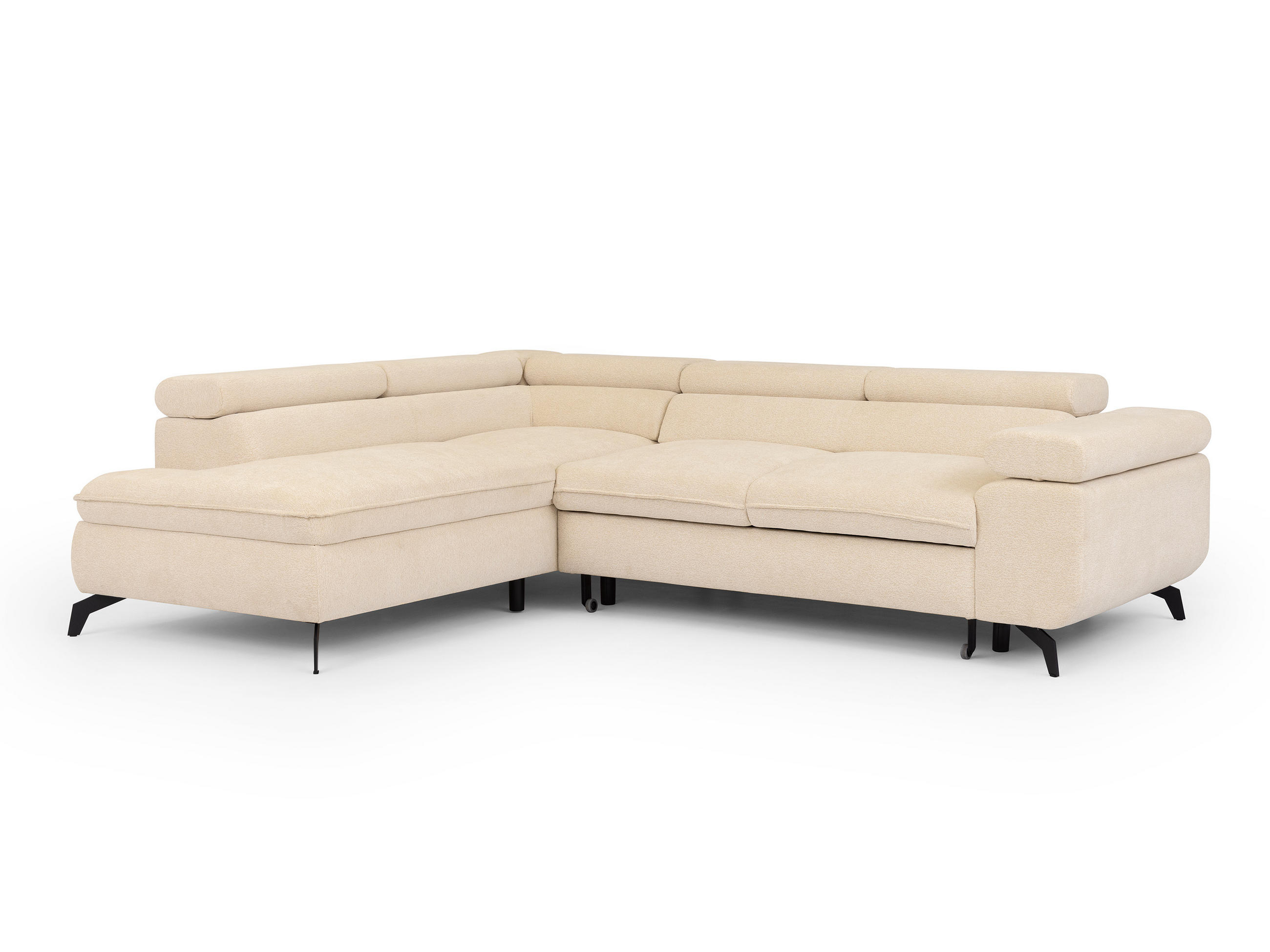 ECKSOFA mit Schlaffunktion und Bettkasten Bonnie aus Hellbeige Chenille-Stoff mit verstellbaren Kopfstützen und Armlehne - Ottomane links - Beige/Schwarz, Holz/Textil (275/210cm) - S-Style Möbel