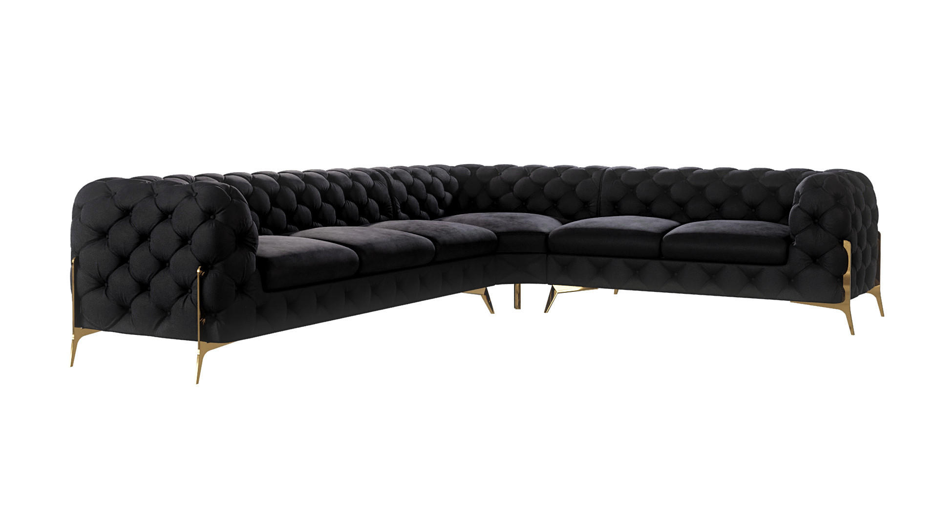 S-Style CHESTERFIELD ROHOVÁ SEDAČKA Lexi z černého sametu se zlatými nohami - otoman vpravo