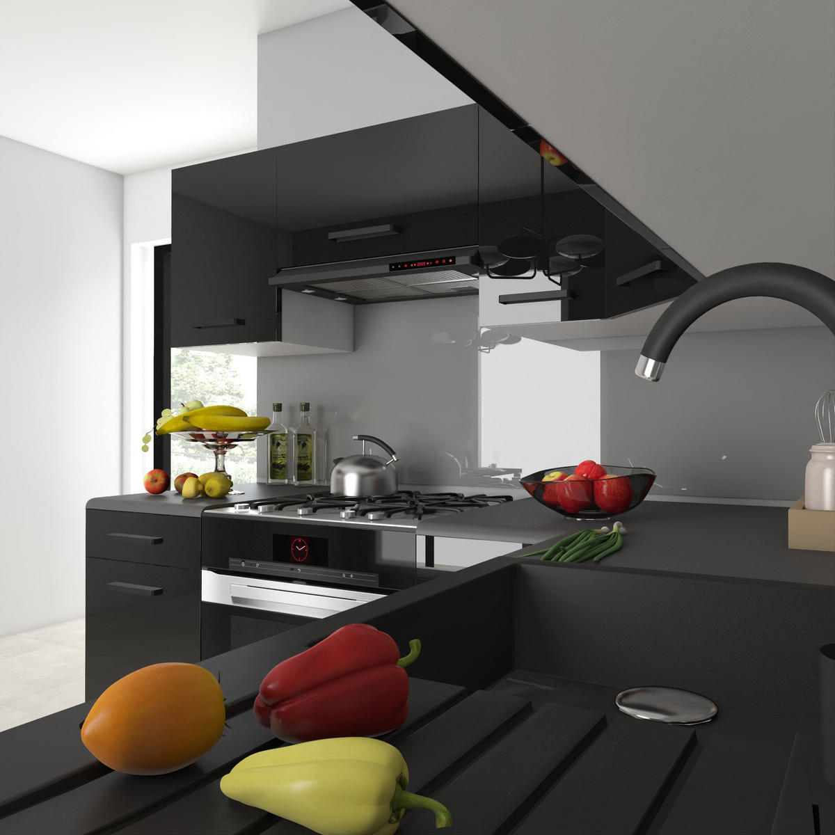 KÜCHENZEILE Italia 6 360 cm, mit Arbeitsplatten, Schwarz - Schwarz, Holz (360/143/60cm) - B BELINI GROUP