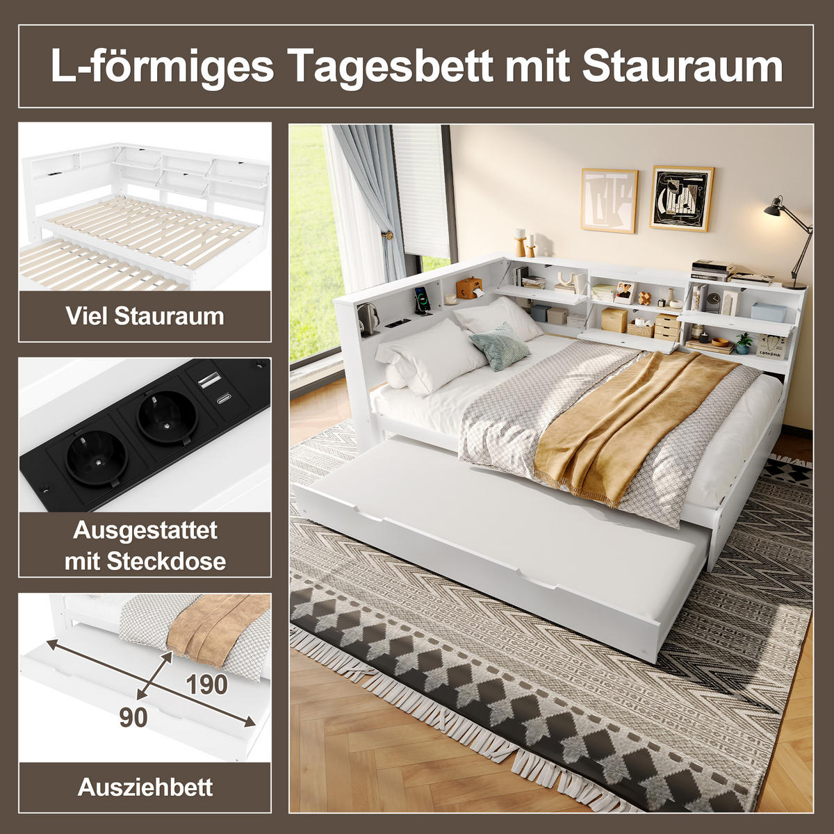 TAGEBETT 140x200cm Weiß Kopfteil Staufach Ausziehbett - Weiß, Holz (140/200cm) - FLIEKS