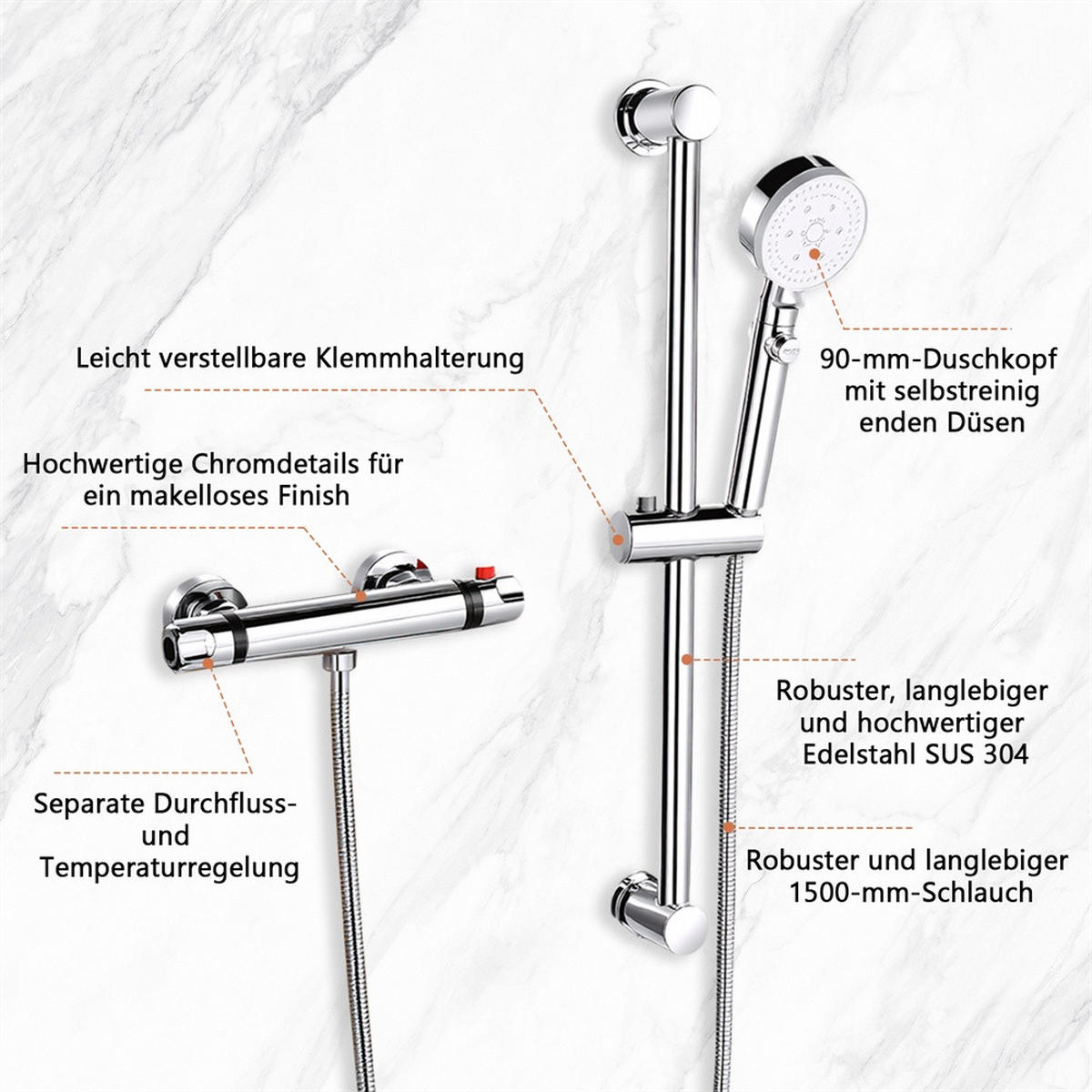 DUSCHSYSTEM mit Thermostat - Duschsystem Thermostat runder Ventilkörper mit Sicherheitssperre Handbrause - Silberfarben, Metall (28/63.5/4cm) - DELFA