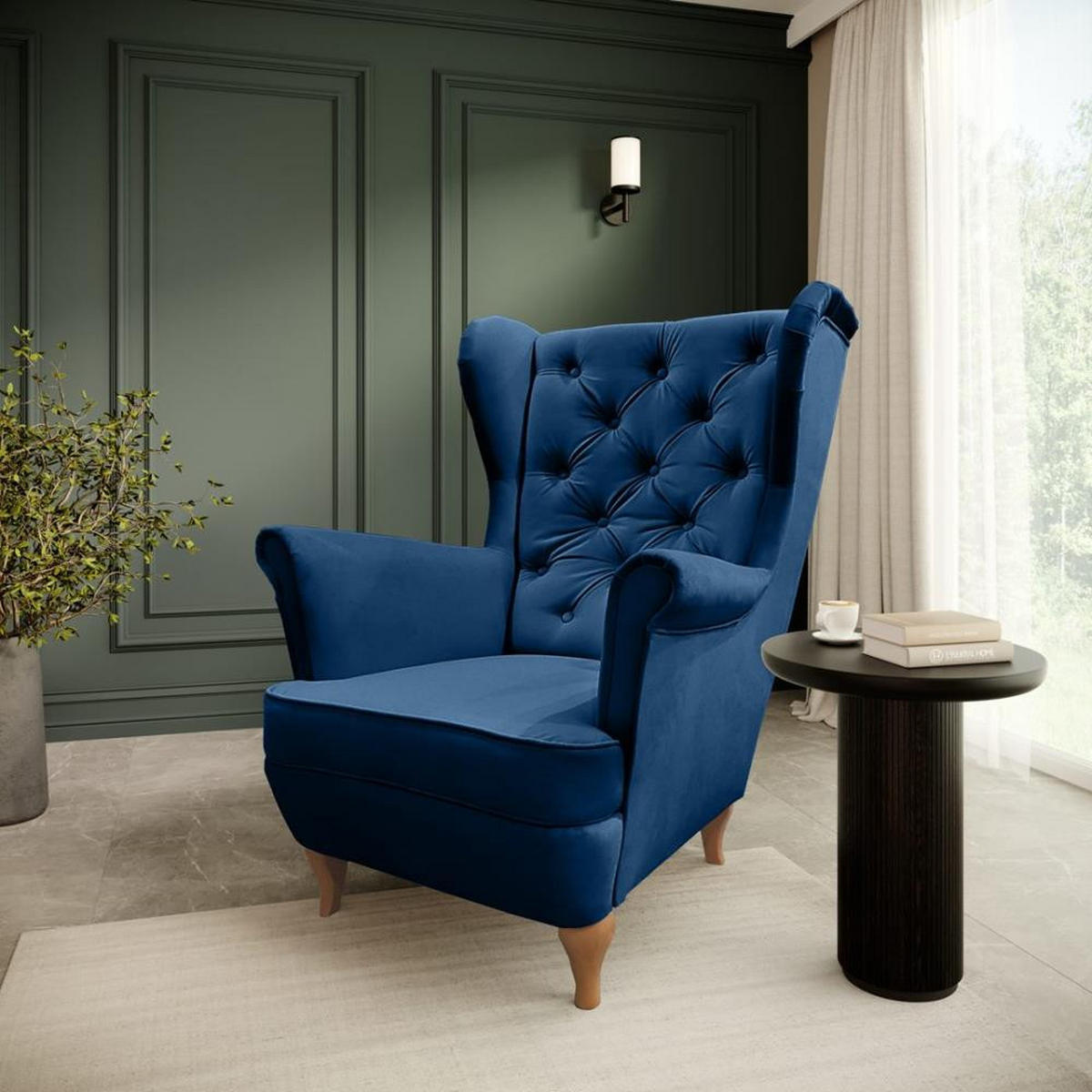 CHESTERFIELD-SESSEL Falco marineblau mit Holzbeinen - Buchefarben/Dunkelblau, Holz/Textil (82/102/92cm) - Beautysofa