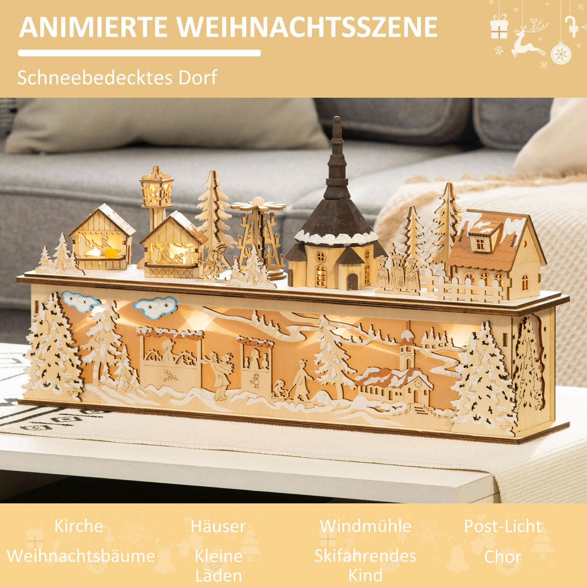 WEIHNACHTSDEKO Verschneites Weihnachtsdorf mit 10 LEDs Natur 45 x 10 x 25 cm - Naturfarben, Holz (10/25/45cm) - HOMCOM