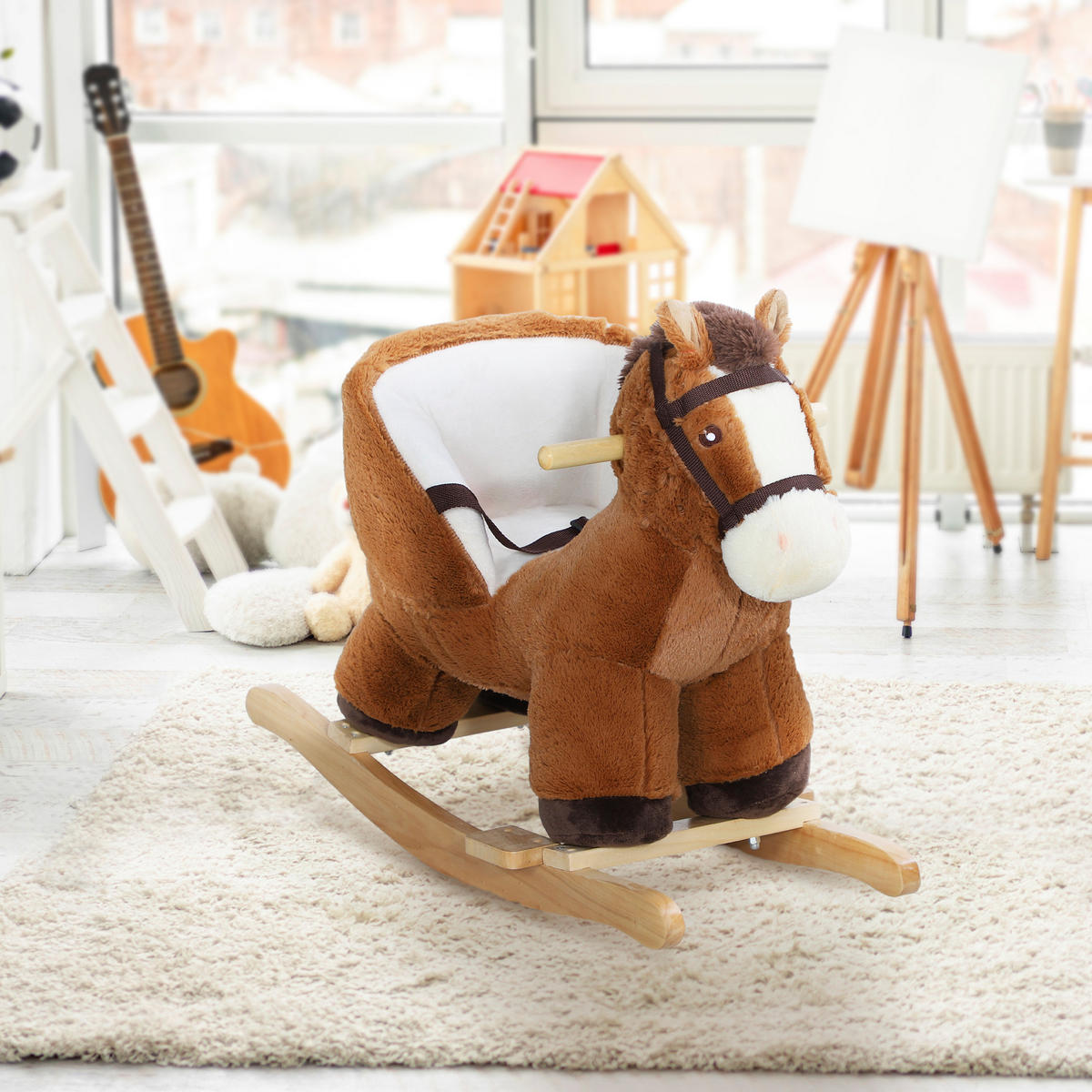 SCHAUKELPFERD DE-18252 mit Soundeffekt, Holzgestell und Sicherheitsgurt - Braun, Holz (33/45/68cm) - ComfortXL