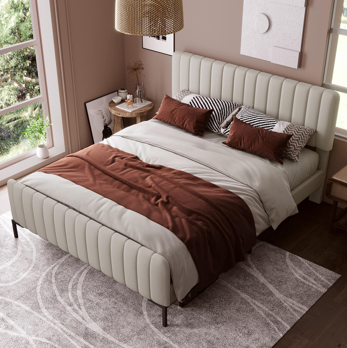 POLSTERBETT 160/200 cm Grau-Beige aus Leinen mit verstellbarem Kopfteil - Grau, Textil (160/200cm) - OKMYHOME