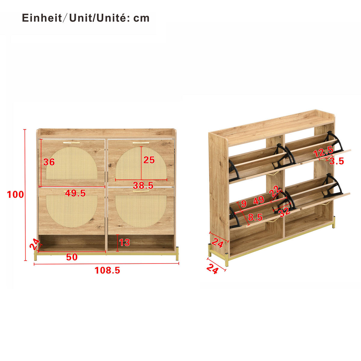 SCHUHSCHRANK Holz Rattantüren 4 Türen Metallrahmen Regal - Naturfarben, Holzwerkstoff (24/100/108.5cm) - FLIEKS