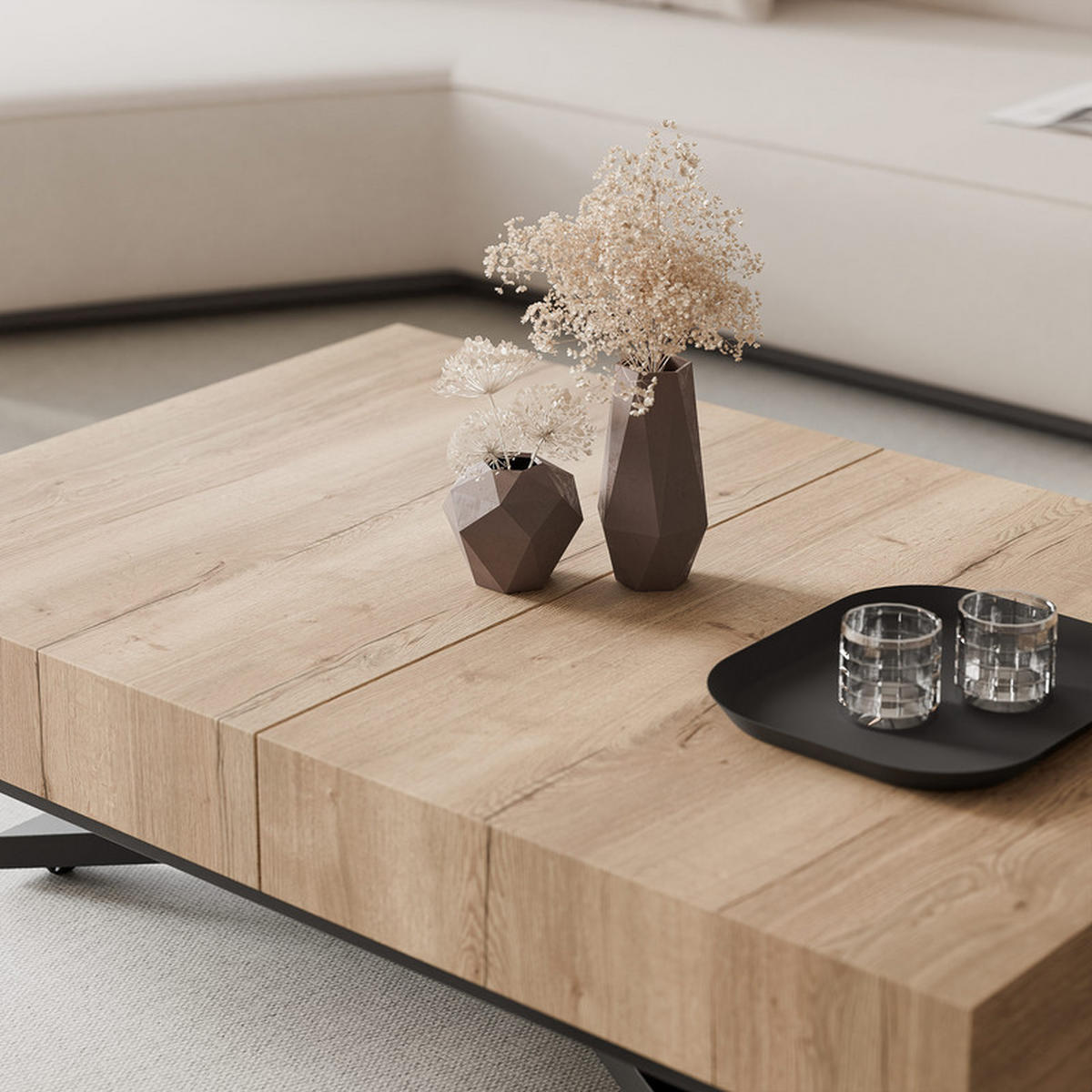 COUCHTISCH SANELLE X ausziehbar mit Liftfunktion, 120/80/76 cm Schwarz/Eiche - Eichefarben/Schwarz, Holzwerkstoff/Metall (120/80/27cm) - Idohome