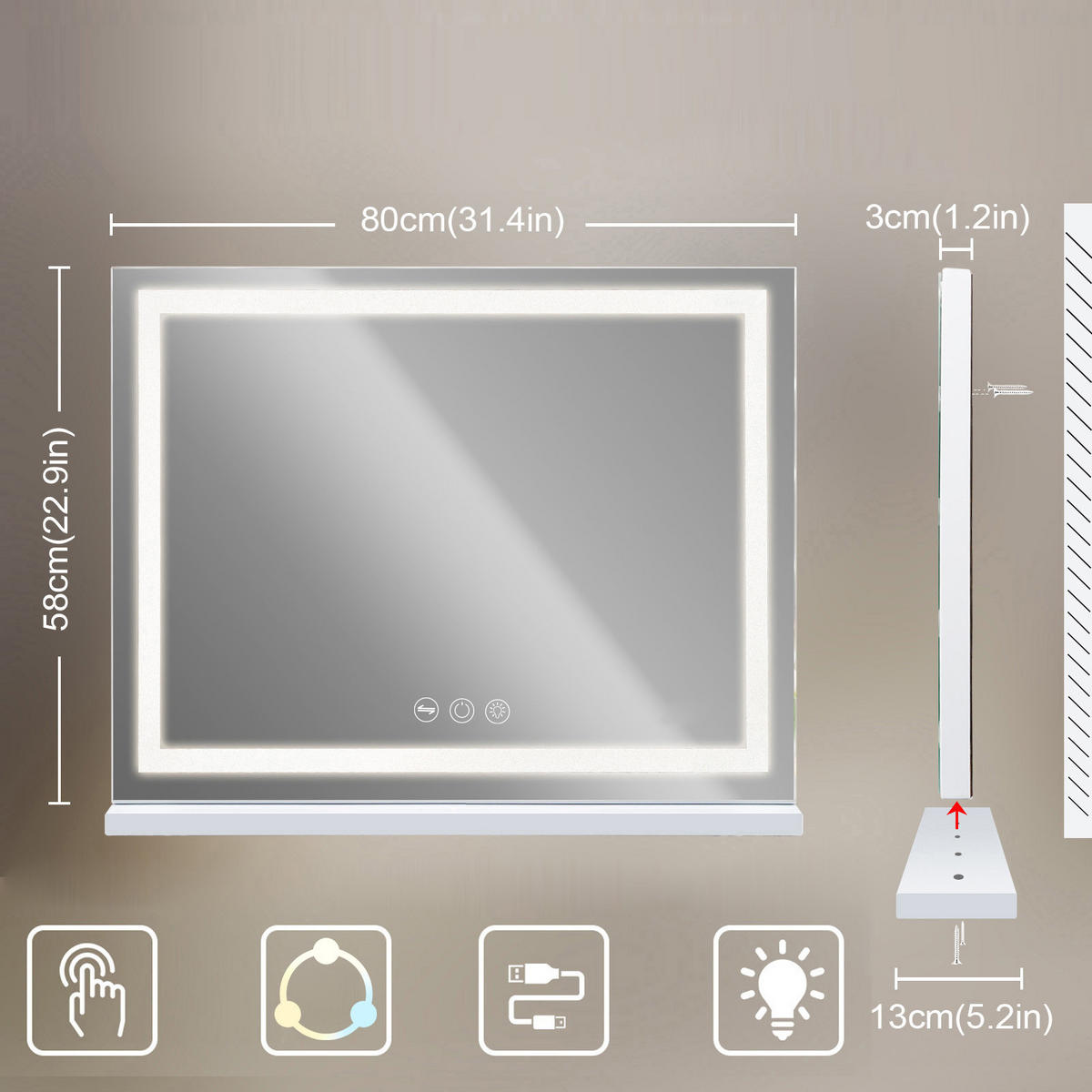 SCHMINKSPIEGEL mit Beleuchtung LED Lichtleiste gestreute Diamanten weiß 80/58 cm - Weiß, Metall (80/58/3cm) - VANITII