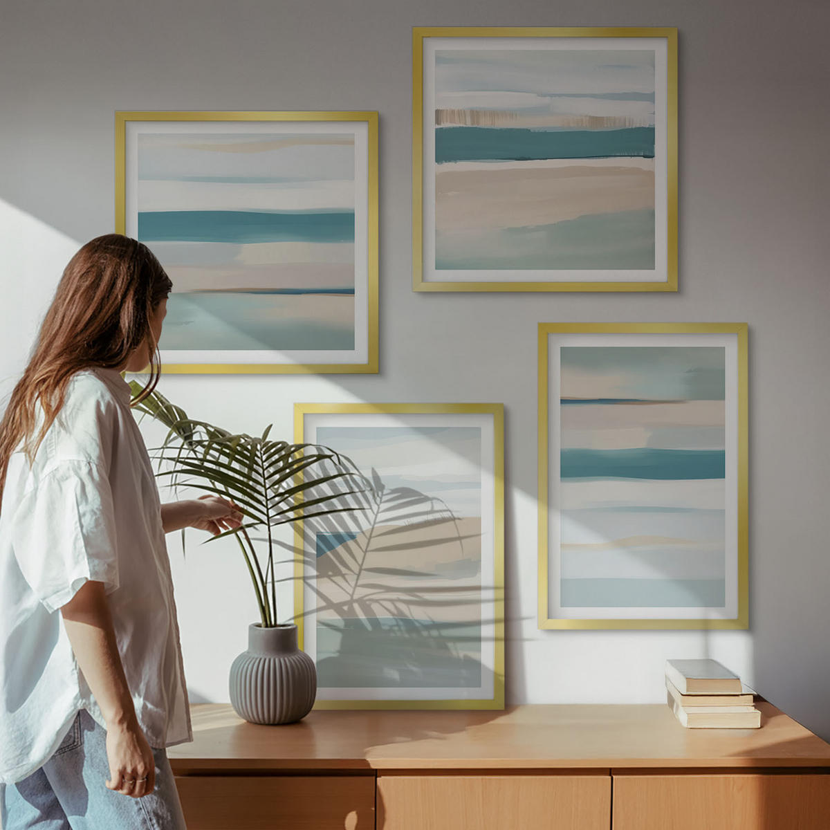 BILDER SET 4er Set - 50x50 cm & 40x60 cm Goldrahmen - Abstrakte blaue Landschaften - Goldfarben, Kunststoff (50/50cm) - TULUP