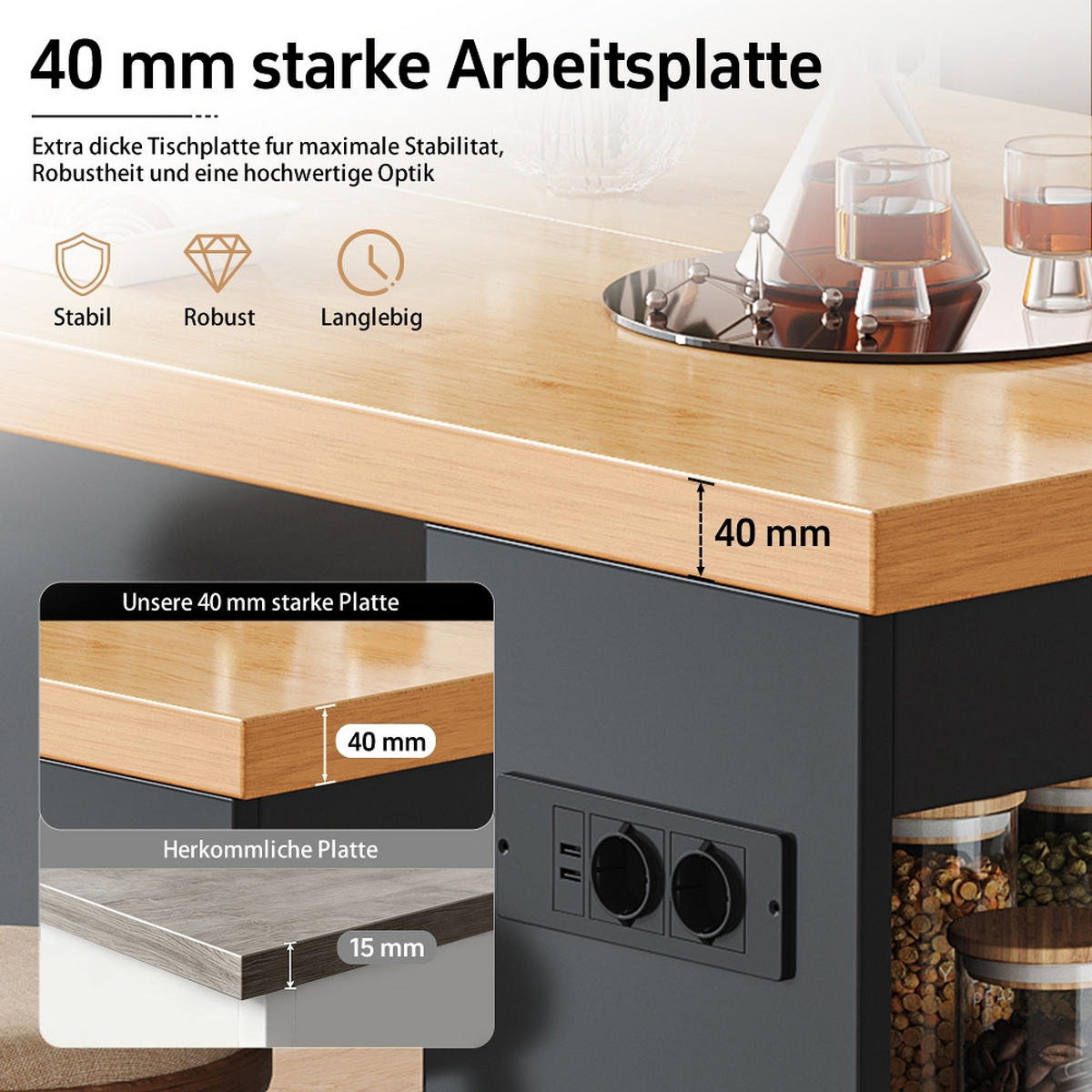 KÜCHENINSEL mit Steckdose, LED Beleuchtung, 40mm Arbeitsplatte, 3 Ablagen, MDF, 155/80/90 cm - Schwarz, Kunststoff (80/90/155cm) - Rolipo