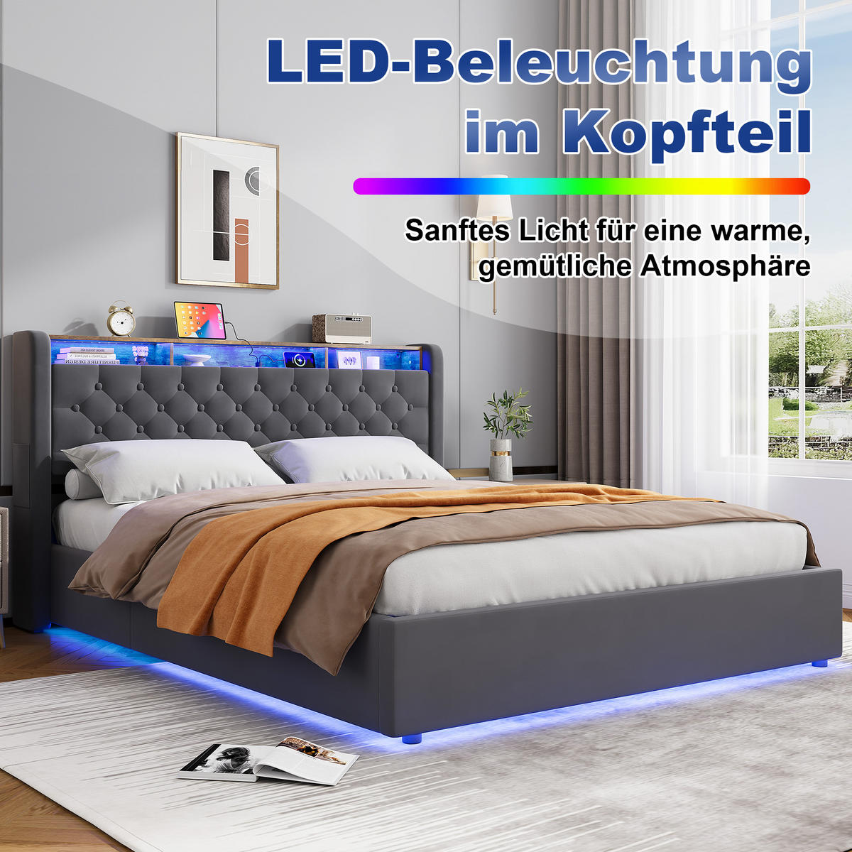 POLSTERBETT 160/200 mit Bettkasten und Stauraumbett mit Schubladen und LED Funktionbett ohne Matratze - Grau, Holzwerkstoff/Textil (160/200cm) - STILVORA