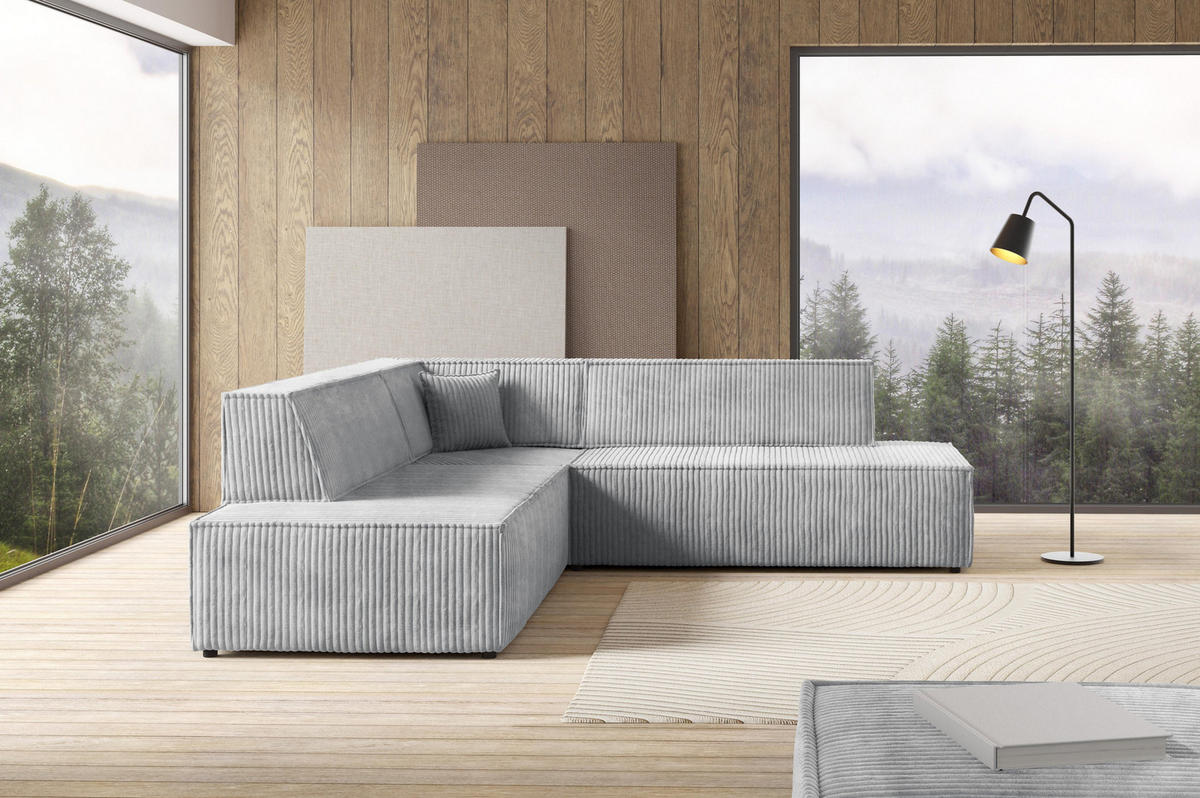 ECKSOFA TESSO II L-S Grau Kordstoff mit Schlaffunktion - Grau, Holz (254/254cm) - MASSENO