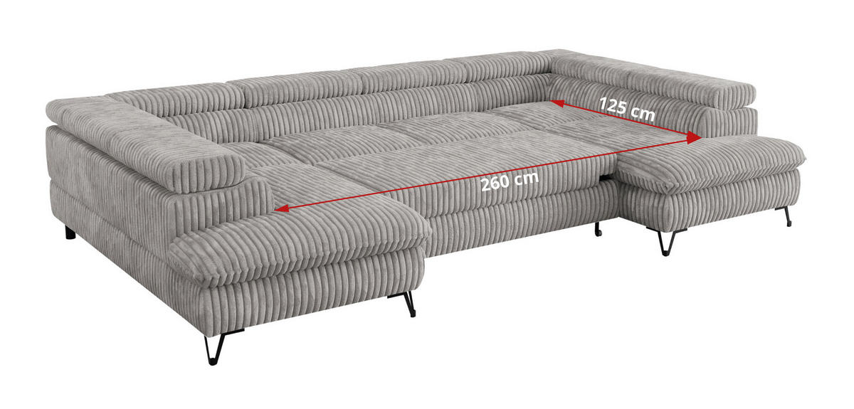 WOHNLANDSCHAFT PETER U Cord Grau - Schwarz/Grau, Textil/Metall (346/76/208cm) - MKS
