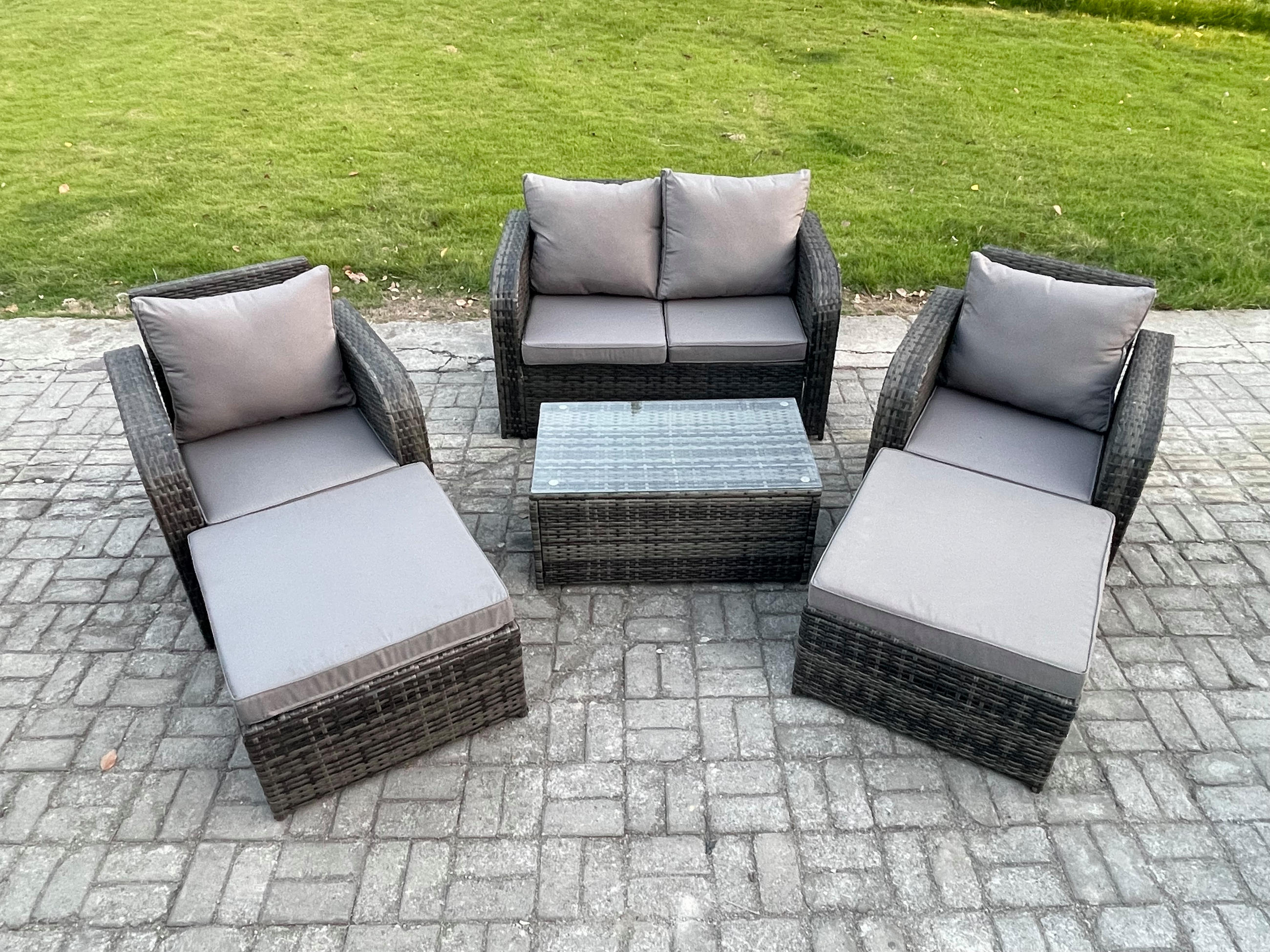GARTENMÖBELGARNITUR mit KISSEN Polyrattan Dunkelgrau 6-Sitzer - Dunkelgrau/Grau, Glas/Kunststoff - Fimous