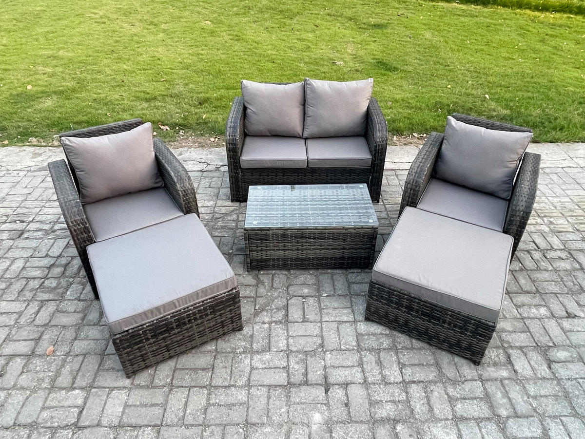 GARTENMÖBELGARNITUR mit KISSEN Polyrattan Dunkelgrau 6-Sitzer - Dunkelgrau/Grau, Glas/Kunststoff - Fimous