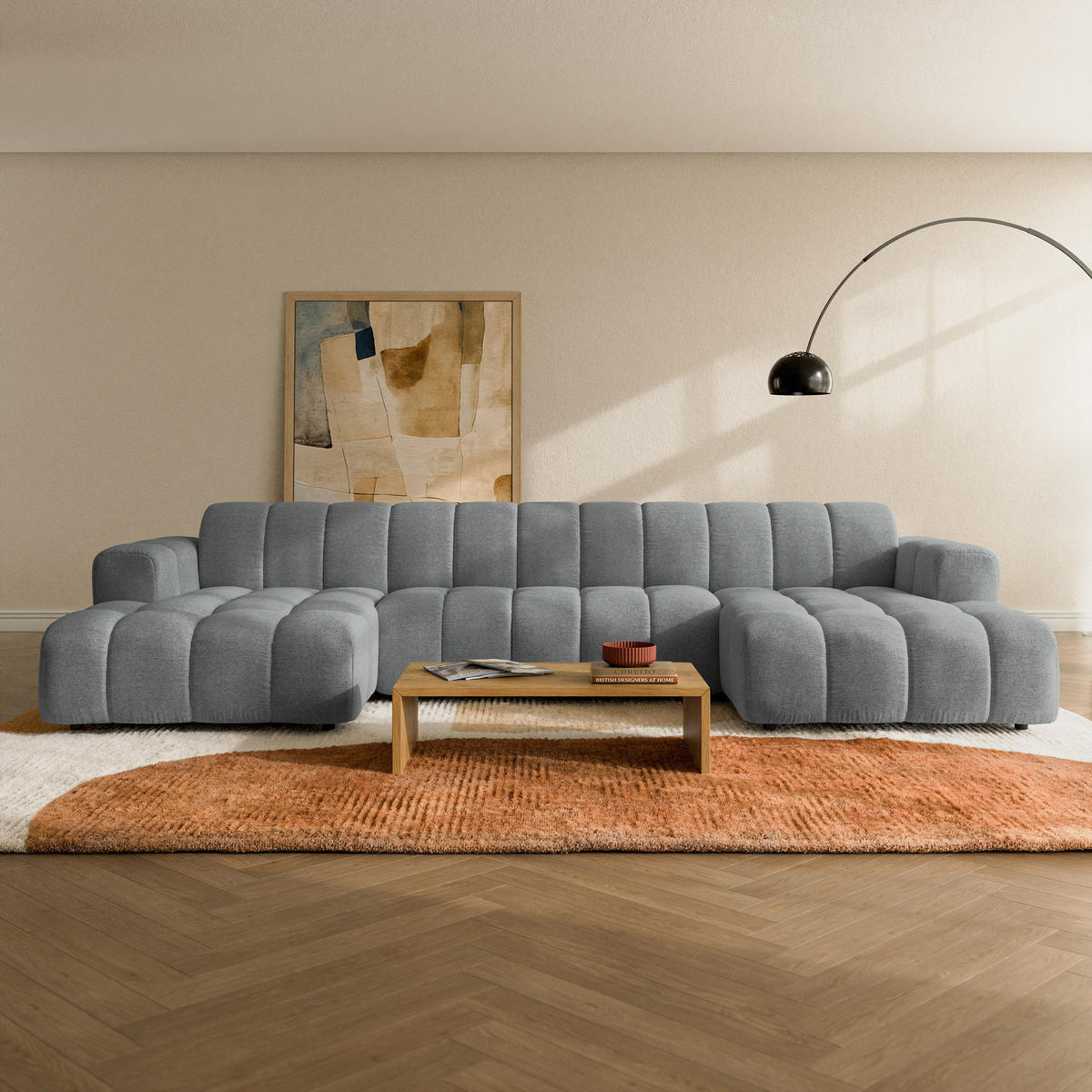 WOHNLANDSCHAFT AENIS Grau Strukturstoff - Grau, Holz (398/85/165cm) - MASSENO