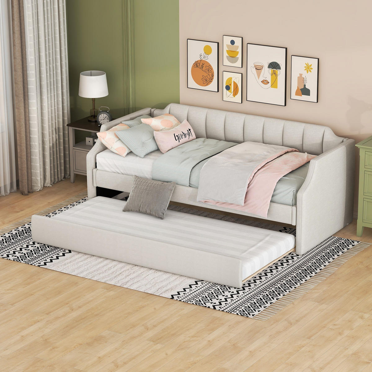 KREVET 90/200 cm s izvučnim pomoćnim krevetom, udoban i štedljiv prostor, Bež - bež, tekstil (90/200cm) - Redom