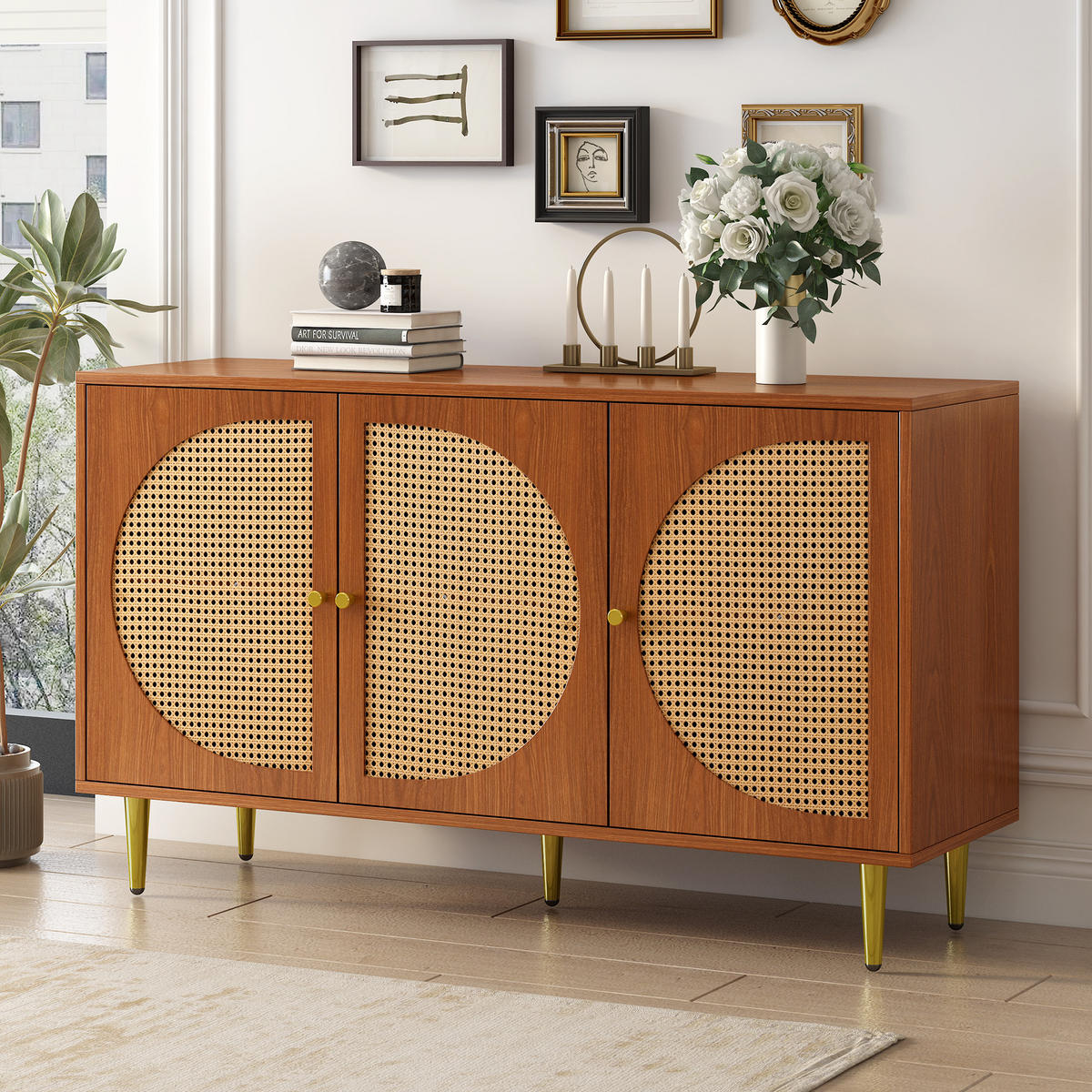 SIDEBOARD mit 3 Rattan-Türen und verstellbaren Einlegeböden, 129,8/40/76 cm, Walnussoptik - Walnussfarben, Holzwerkstoff (129.8/76/40cm) - Redom