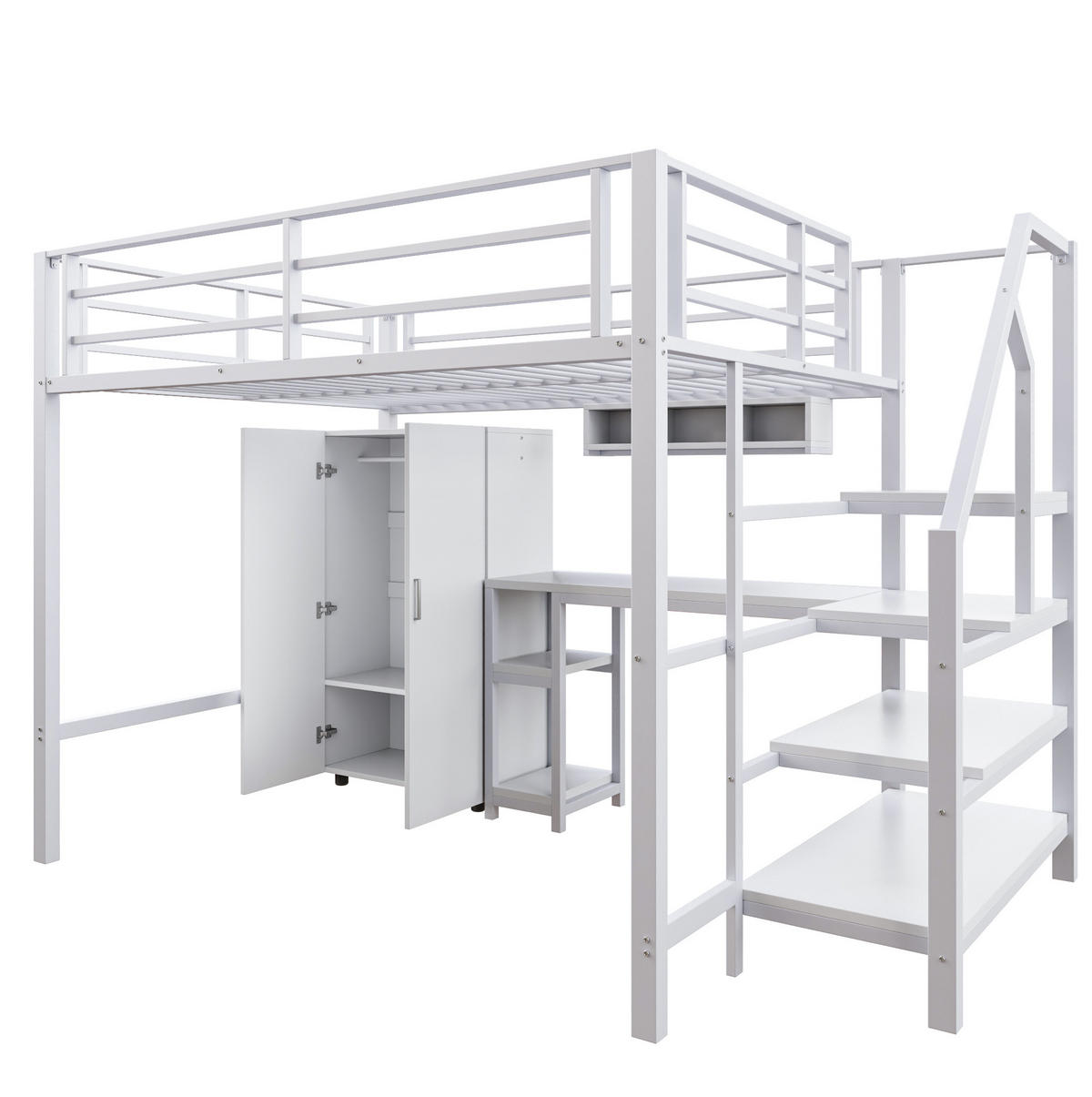 HOCHBETT 140/200 cm in Weiß – mit Schreibtisch, Kleiderschrank und Regalen - Weiß, Metall (140/200cm) - BEAOK
