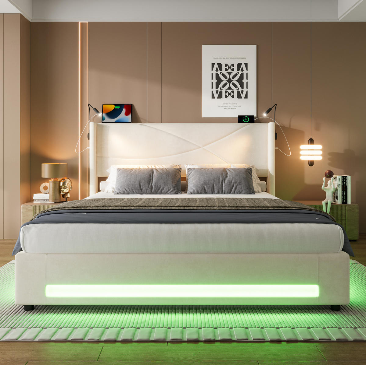 BETT 140/200 cm in Beige – mit Bettkasten, LED, USB und Lattenrost - Beige, Textil (140/200cm) - BEAOK