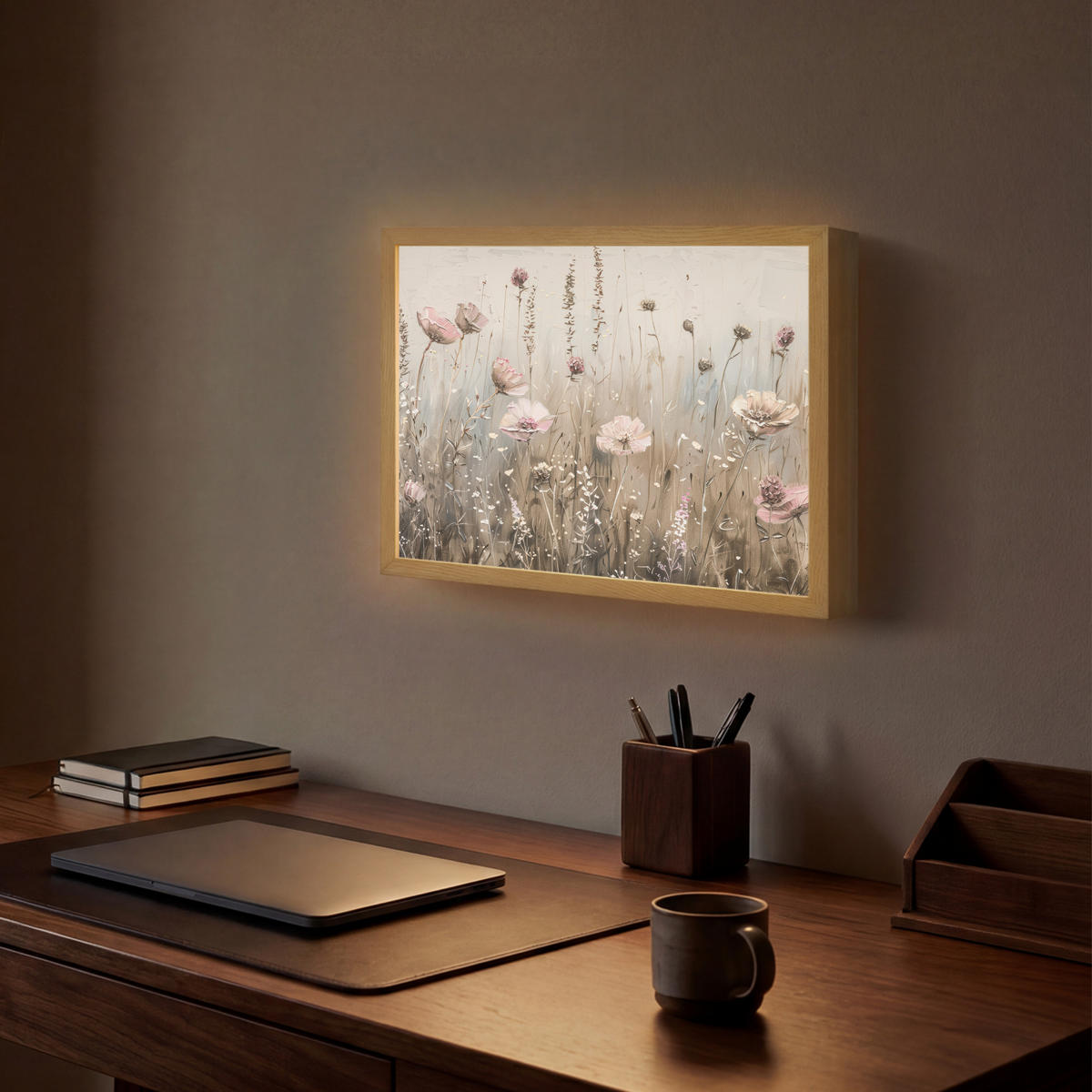 NÁSTĚNNÁ LAMPA S AKUMULÁTOREM Květiny - růžová - moderní - béžová 40x30 cm - starorůžová, kompozitní dřevo (40/30/8cm) - OnlyWow