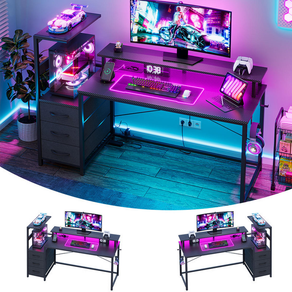 GAMINGTISCH mit Led, 150 x 50 x 75 cm, umkehrbarer Gamer-Schreibtisch mit Bildschirmunterstützung, 3 Schubladen, 2 Steckdosen und USB - Schwarz, Metall (150/48/75cm)