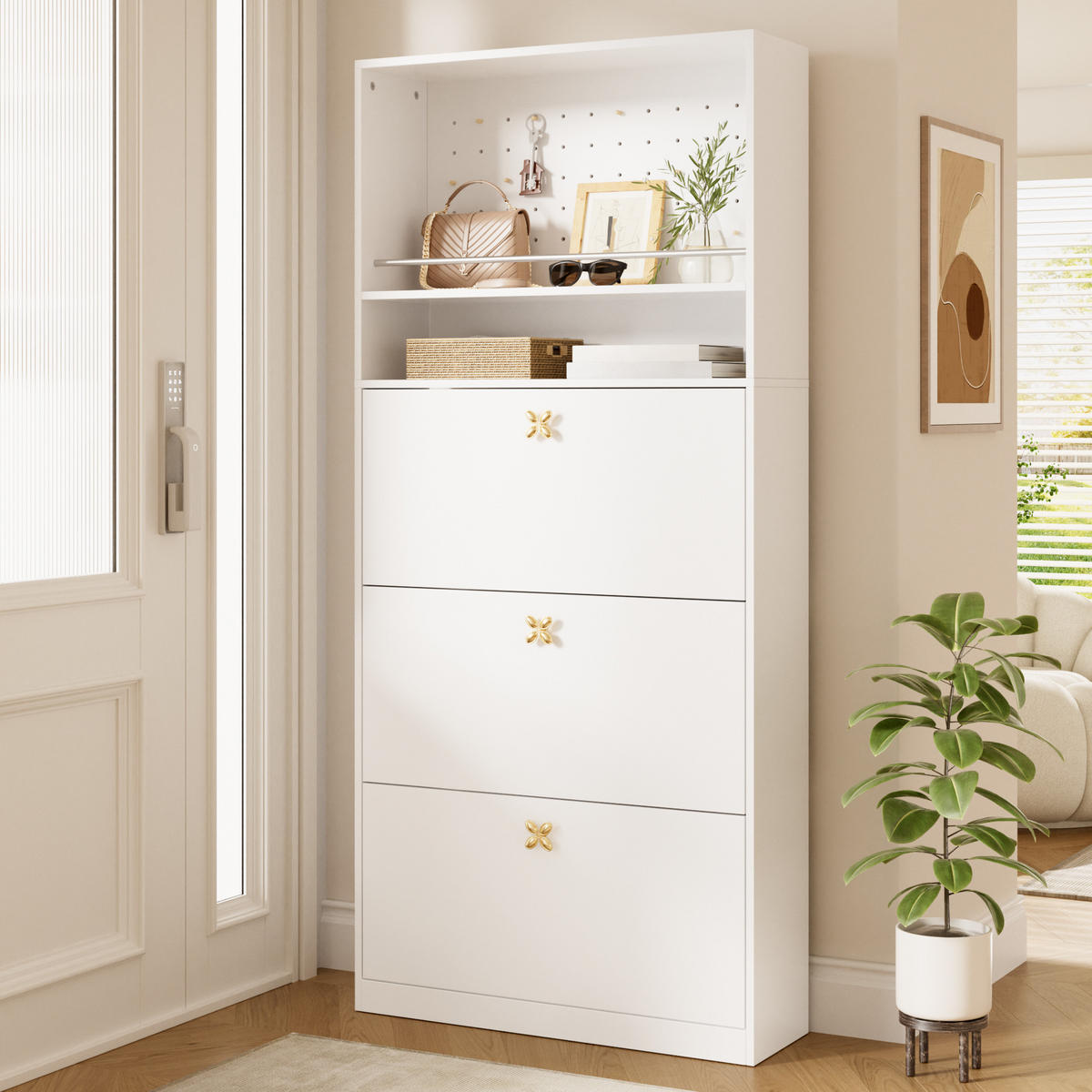 SCHUHSCHRANK 80x24x178.5cm Weiß mit 3 Klappen - Weiß, Holzwerkstoff (80/178.5/24cm) - FLIEKS
