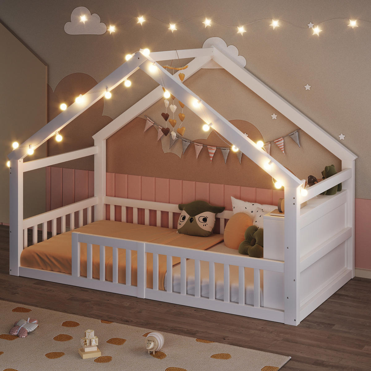 HAUSBETT 90/190 cm in Weiß mit Regal und LED im Cottage-Design - Weiß, Holzwerkstoff (90/190cm) - STILVORA