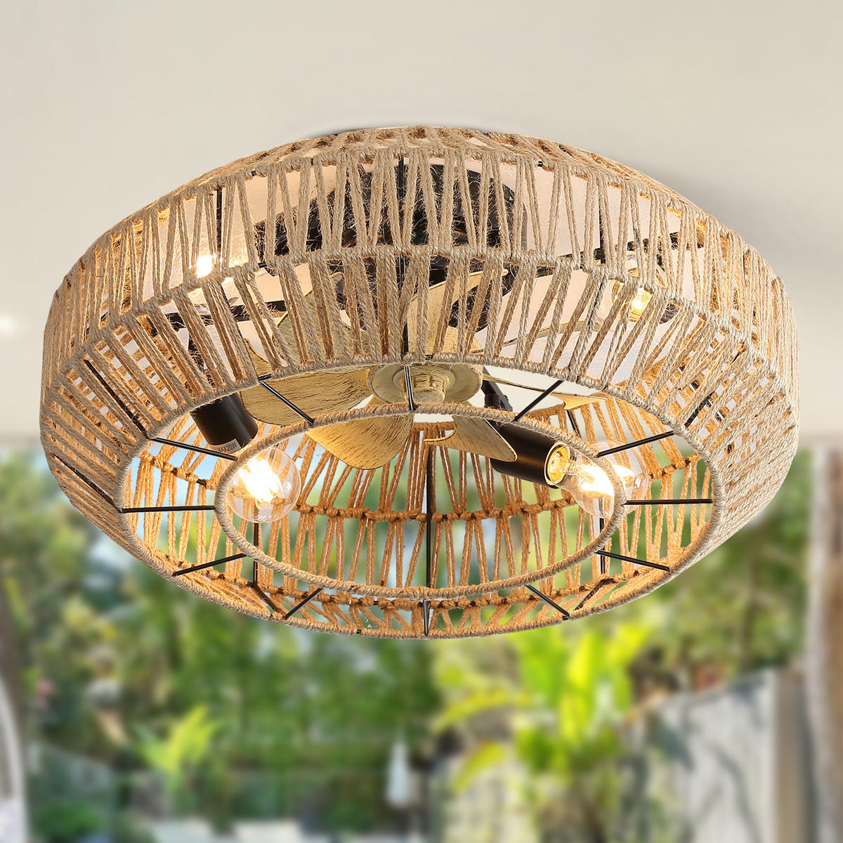 DECKENVENTILATOR DE-16356 56 cm Boho-Käfig mit Rattan Schwarz - Naturfarben, Kunststoff (56/56/25cm) - ComfortXL