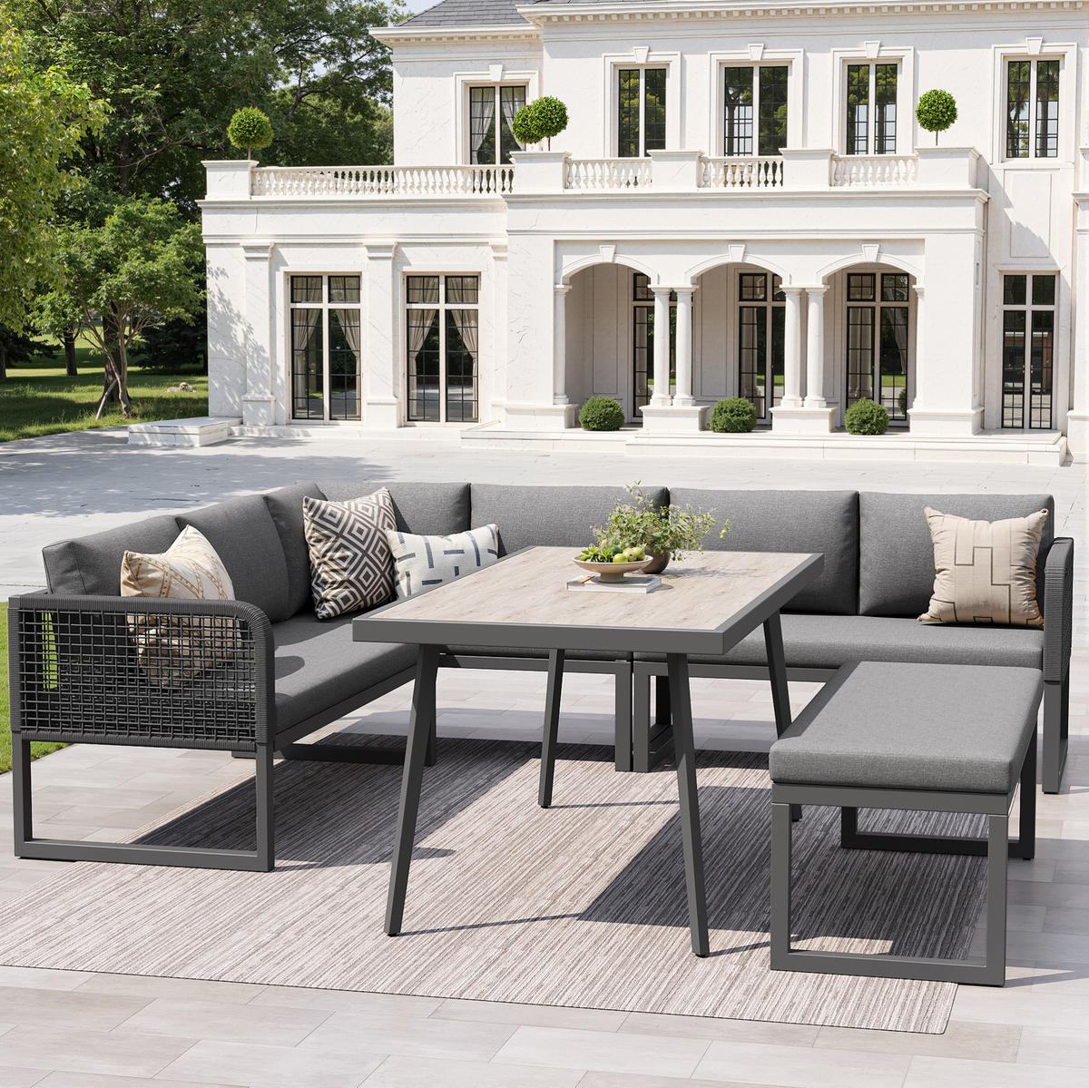 GARTENSETS aus Rattan & Eisen 121,5x61x77 cm Grau mit modularen Elementen - Grau, Metall - Modfu